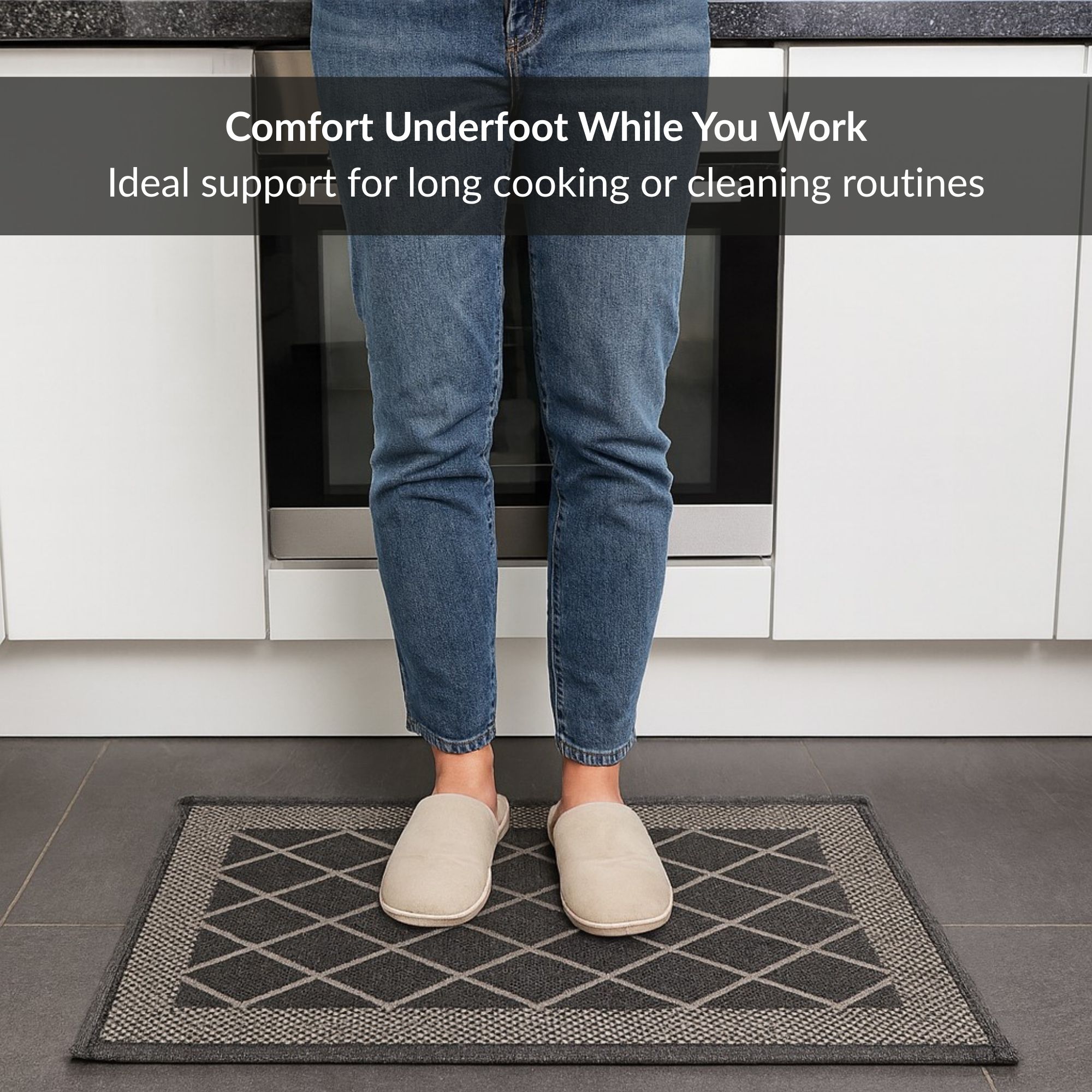 Person standing on diamond gray kitchen mat for underfoot comfort