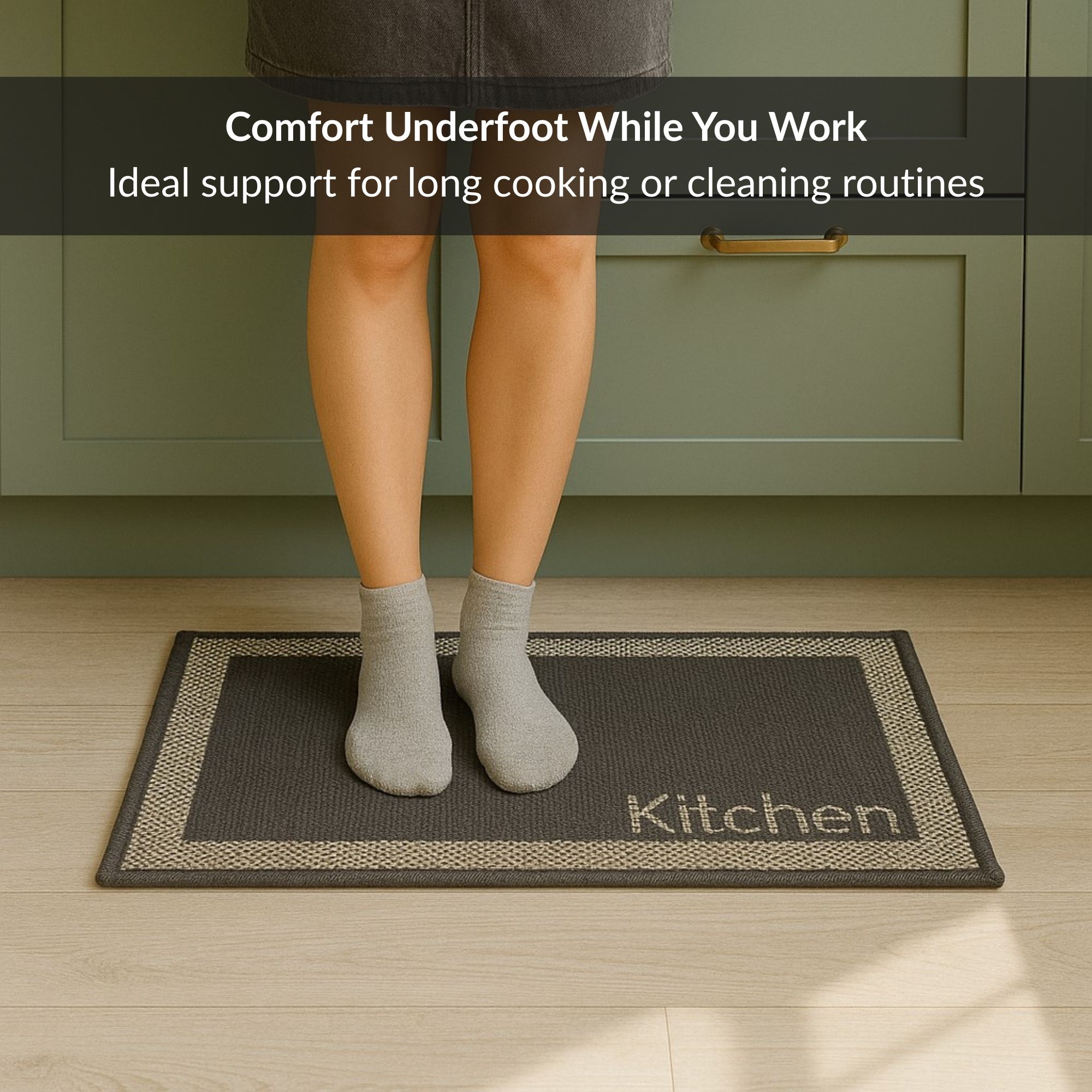 Person standing on kitchen mat showing underfoot comfort