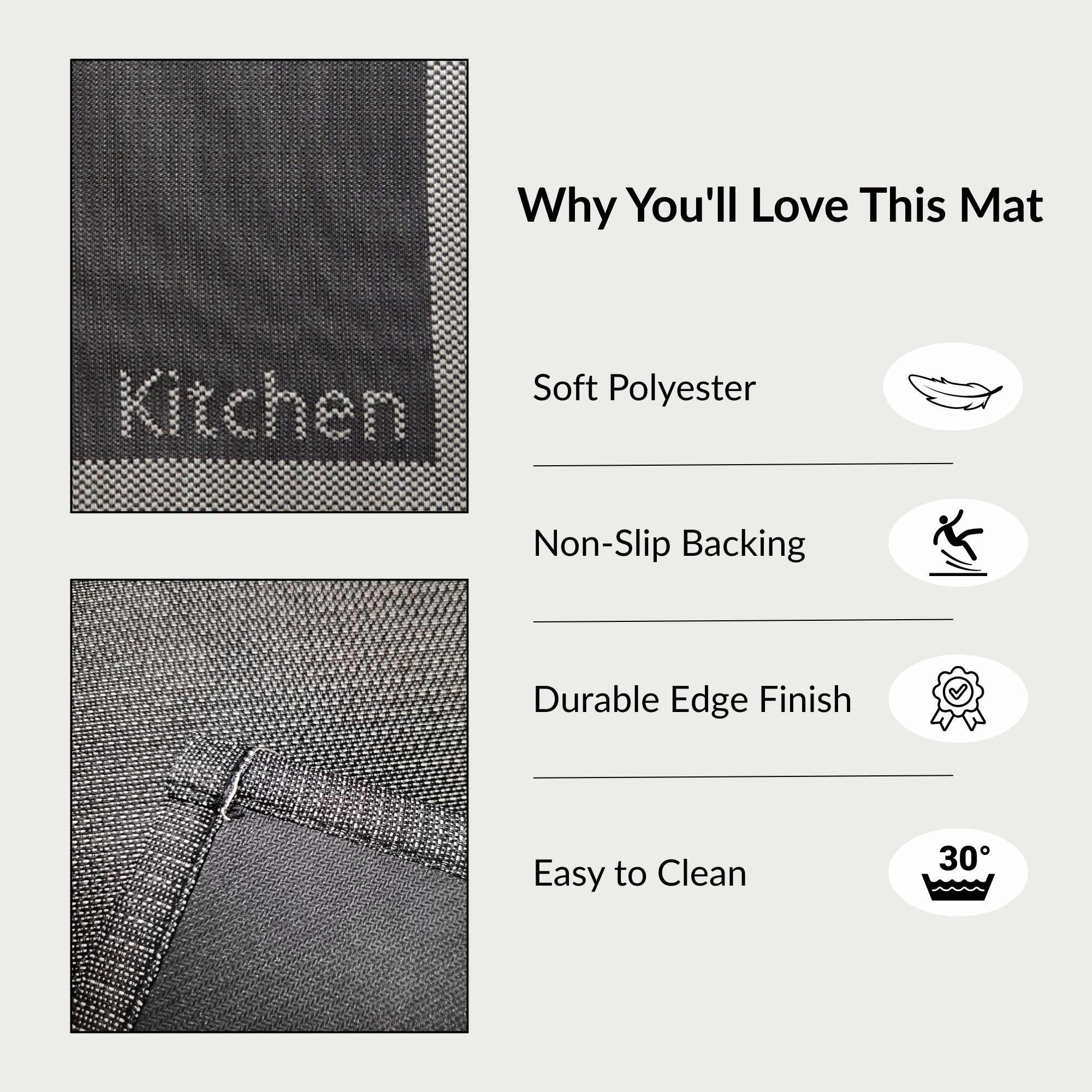 Close-up of kitchen black mat with border texture and non-slip backing