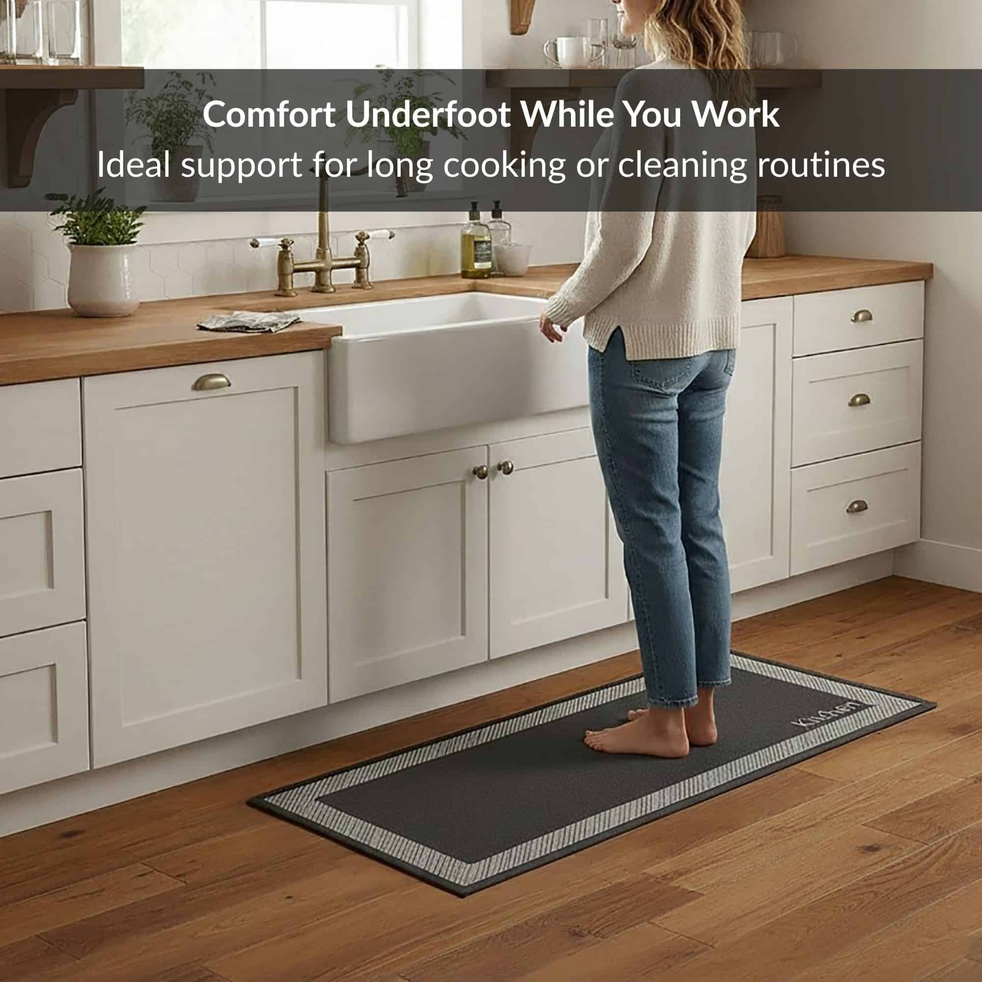 Person standing on kitchen black mat showing underfoot comfort