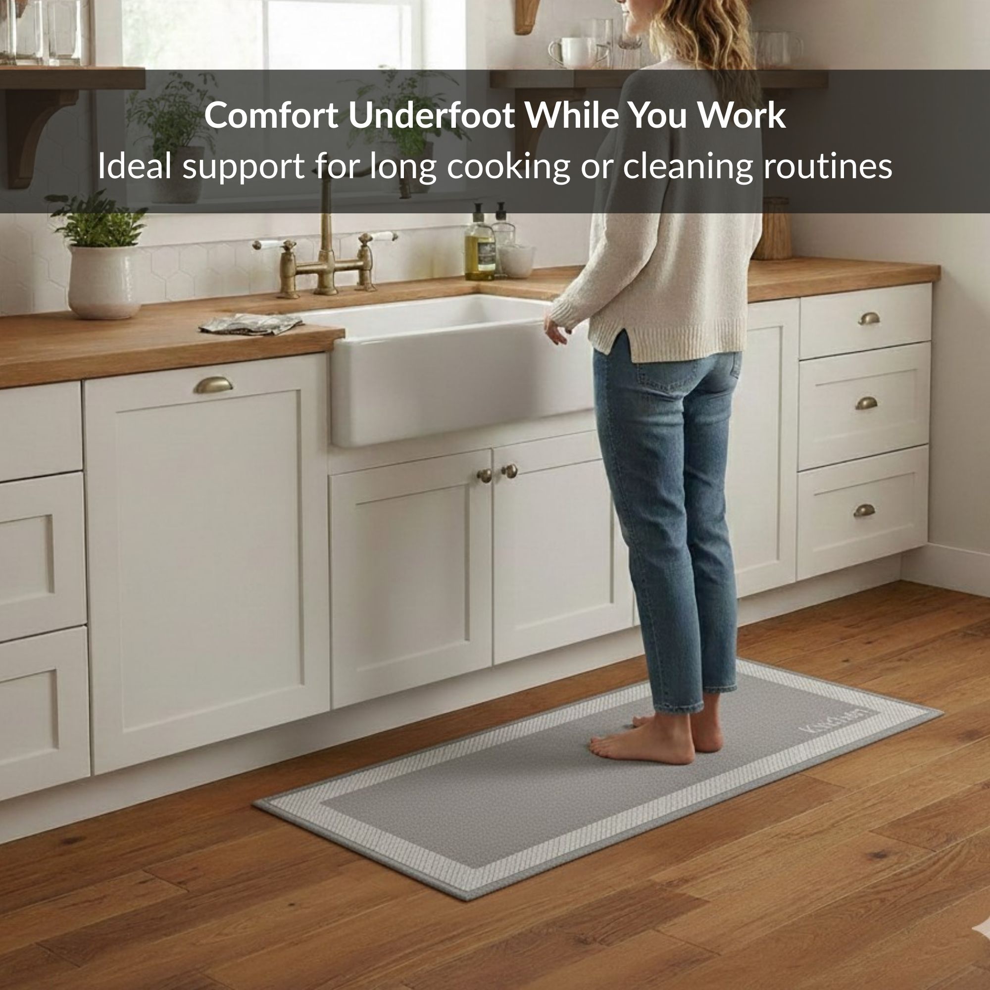 Person standing on kitchen beige mat showing underfoot comfort