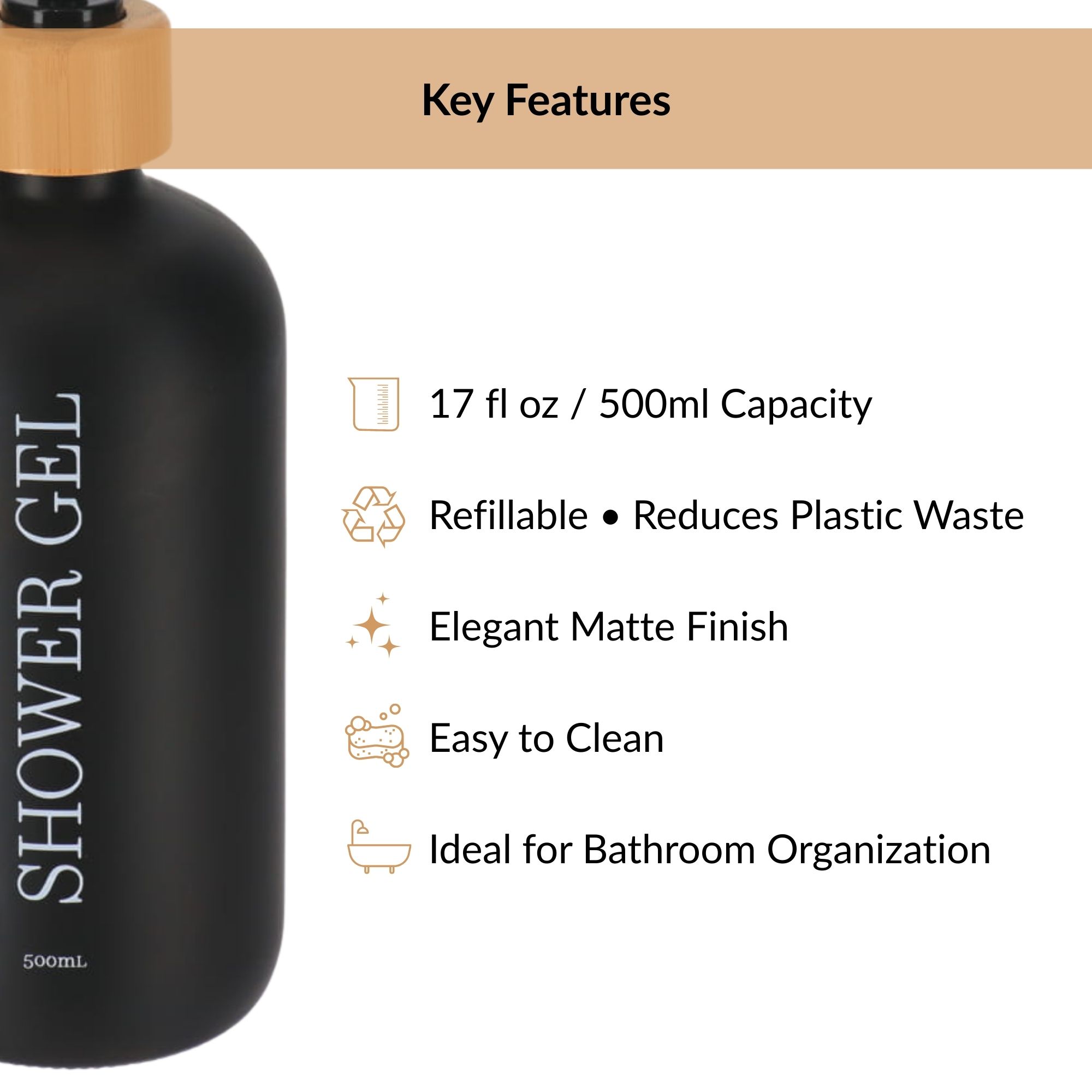 Key features of 500ml refillable black bathroom dispenser set
