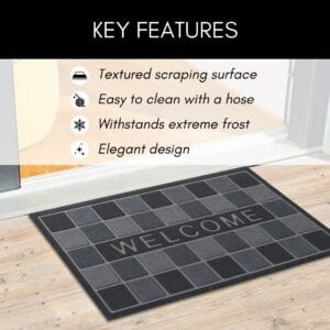 Gray welcome mat at patio entrance highlighting key features