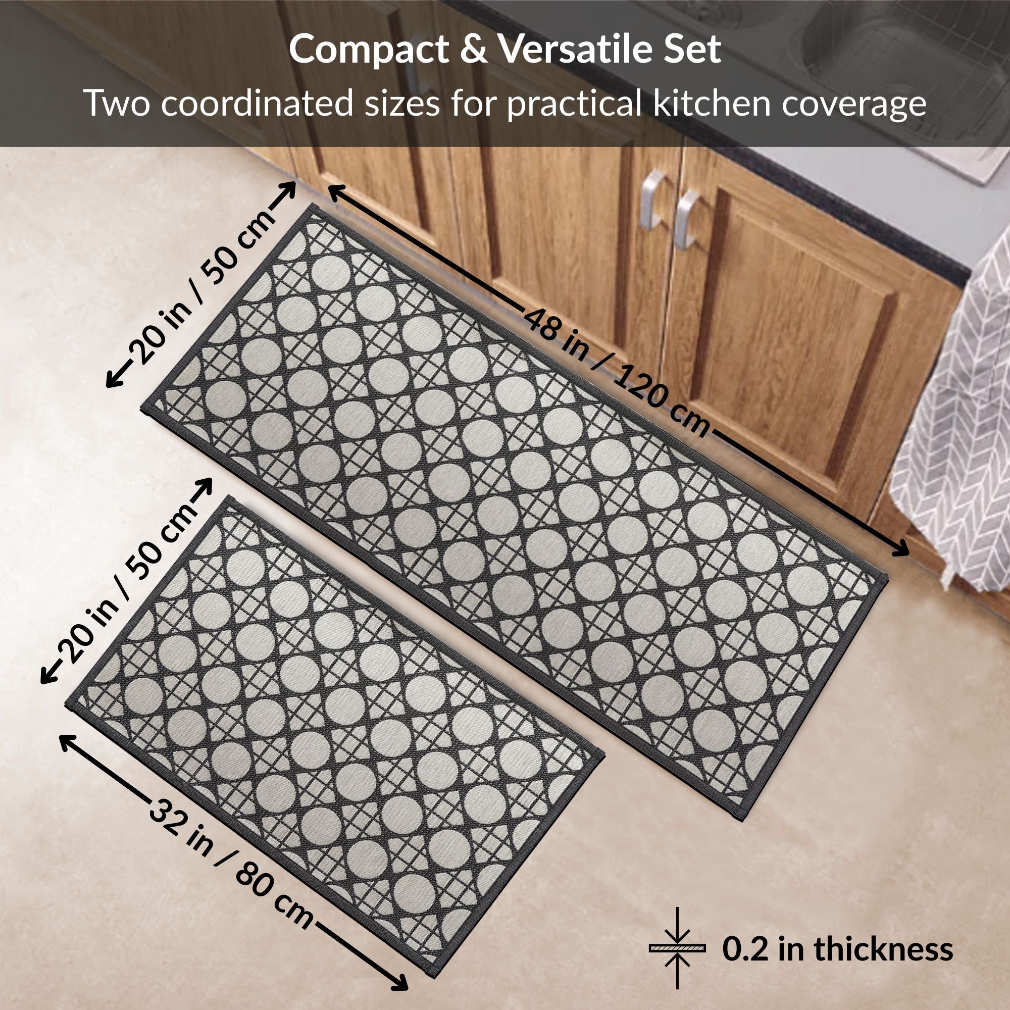 Circles gray mat and runner size guide with dimensions