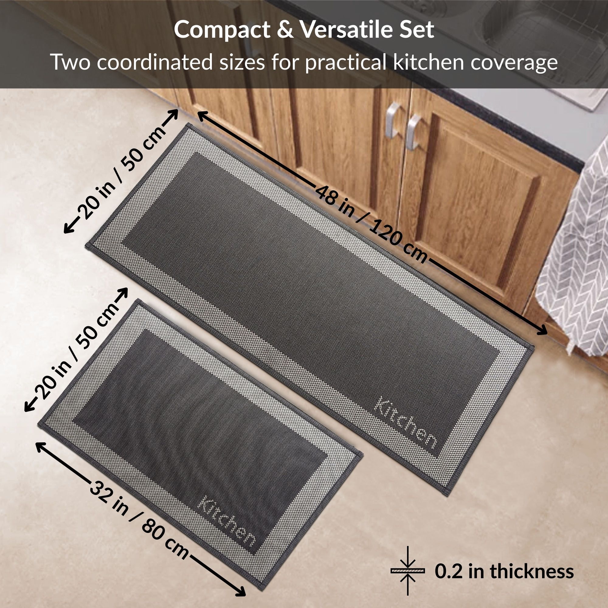 Kitchen black mat with border set size guide with dimensions