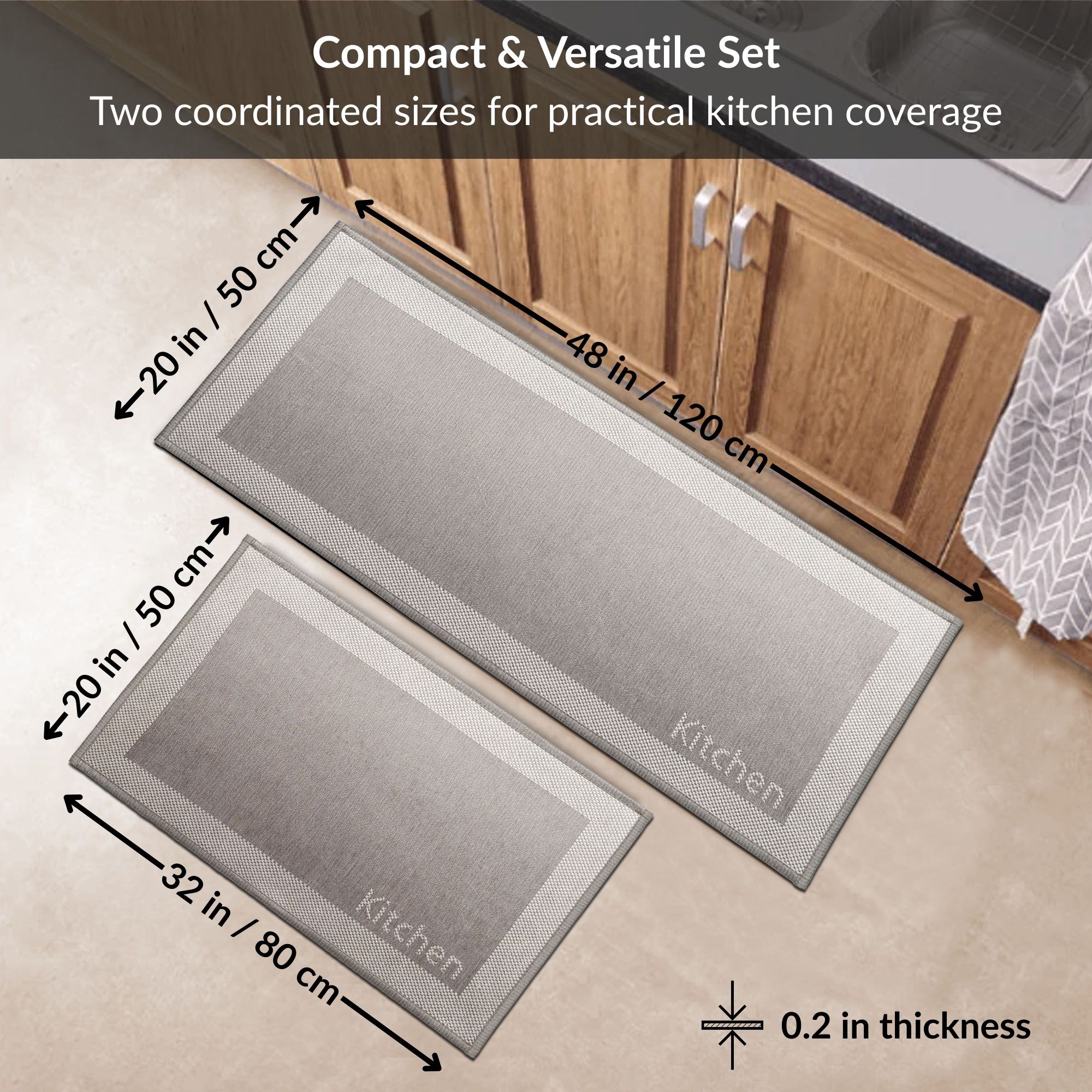 Kitchen taupe mat and runner size guide with dimensions