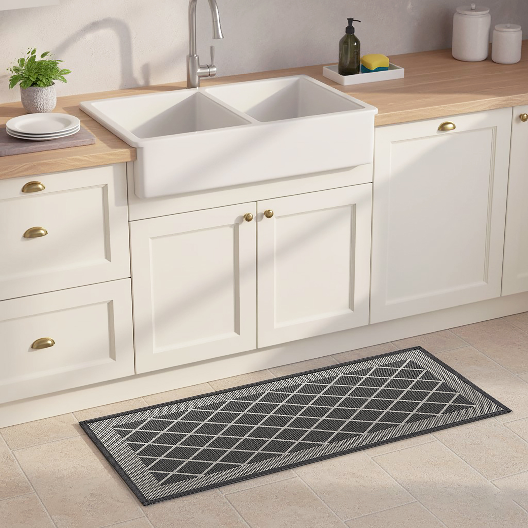 Diamond gray kitchen runner placed in front of farmhouse sink