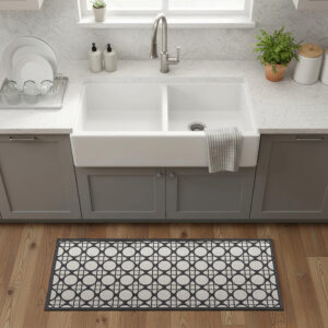 Circles gray kitchen runner placed in front of farmhouse sink