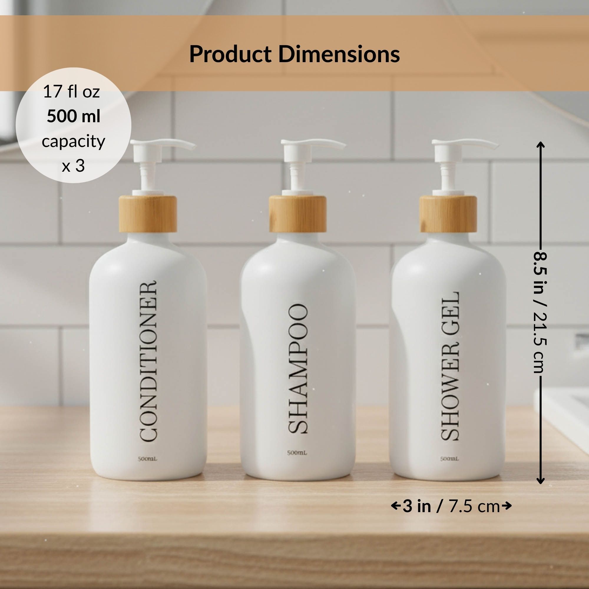 Product dimensions for matching 500ml bathroom bottles