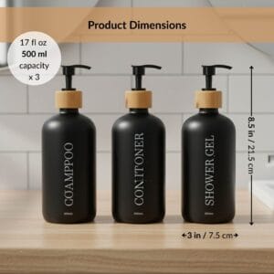 Product dimensions for matching 500ml black bathroom bottles