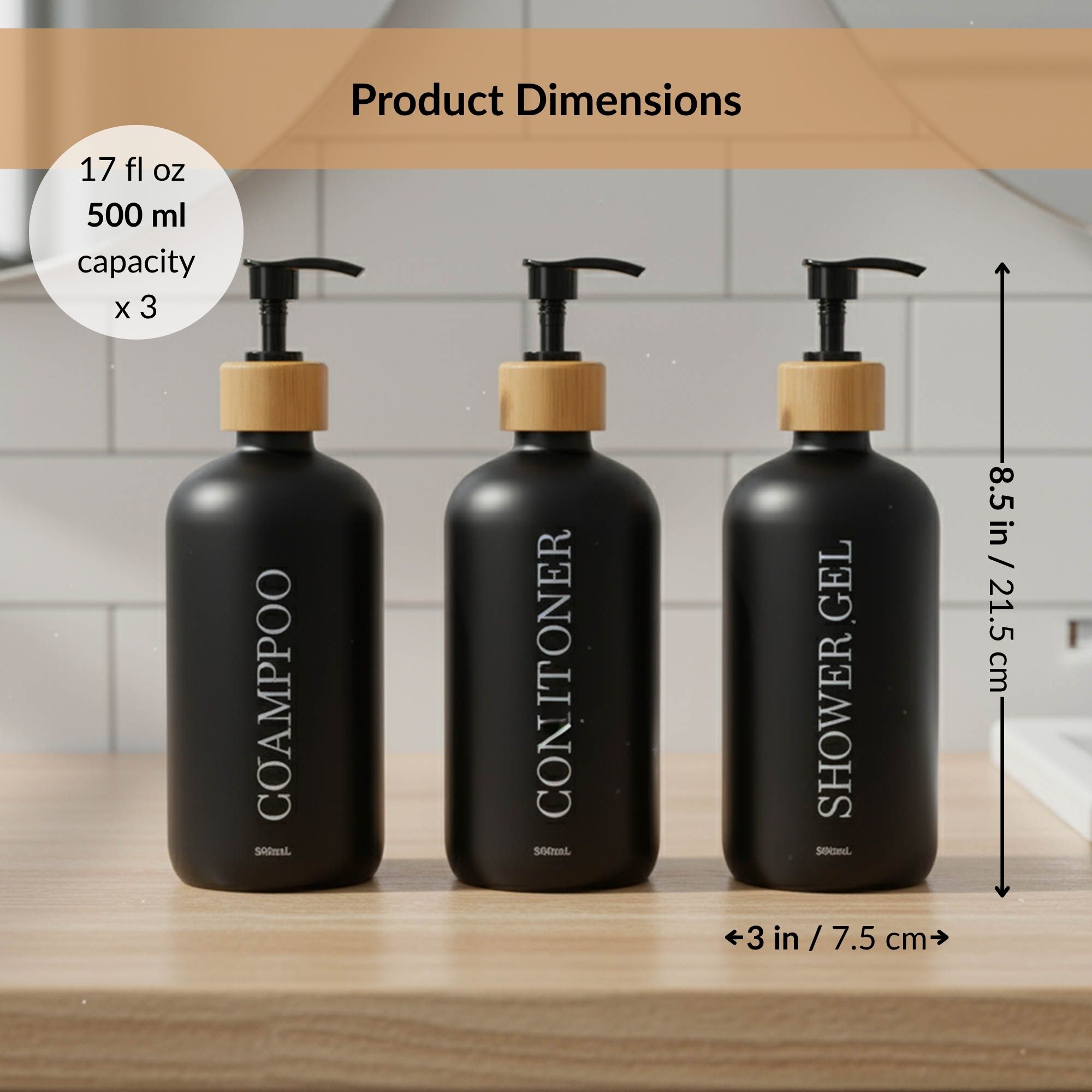 Product dimensions for matching 500ml black bathroom bottles