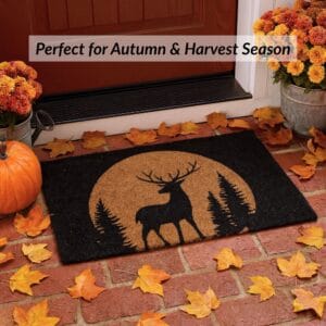 Reindeer doormat on autumn porch with leaves