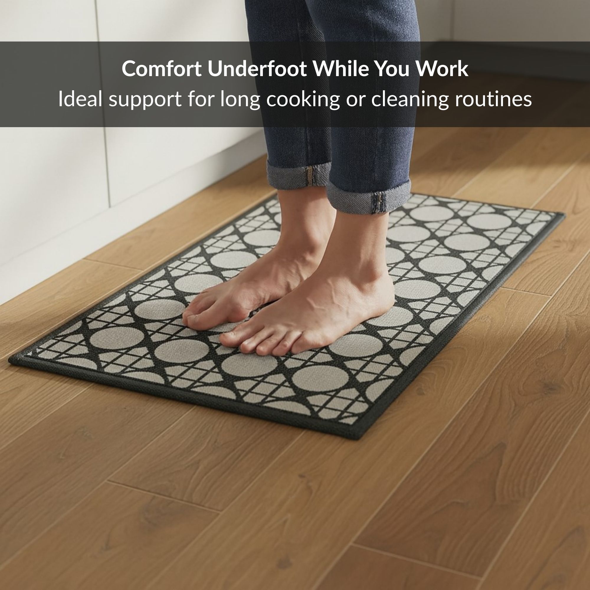 People standing on circles gray mat on wooden floor