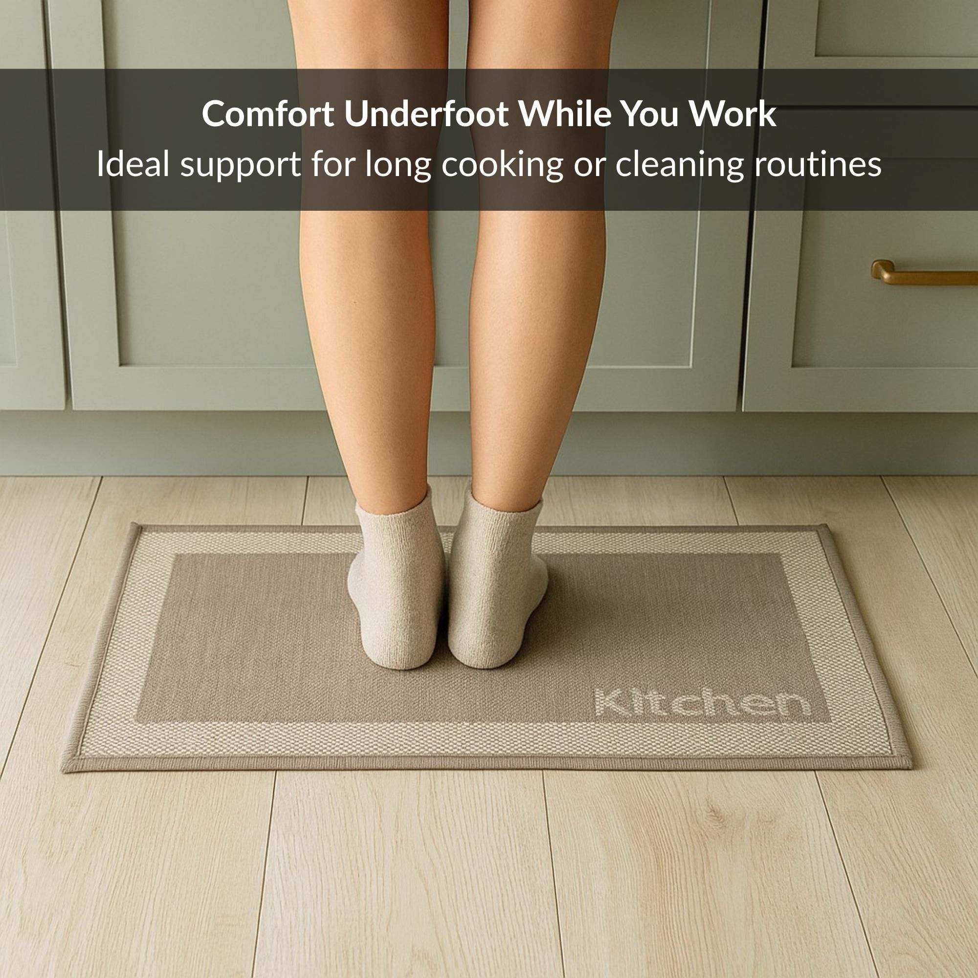 Kitchen taupe mat shown with someone standing on