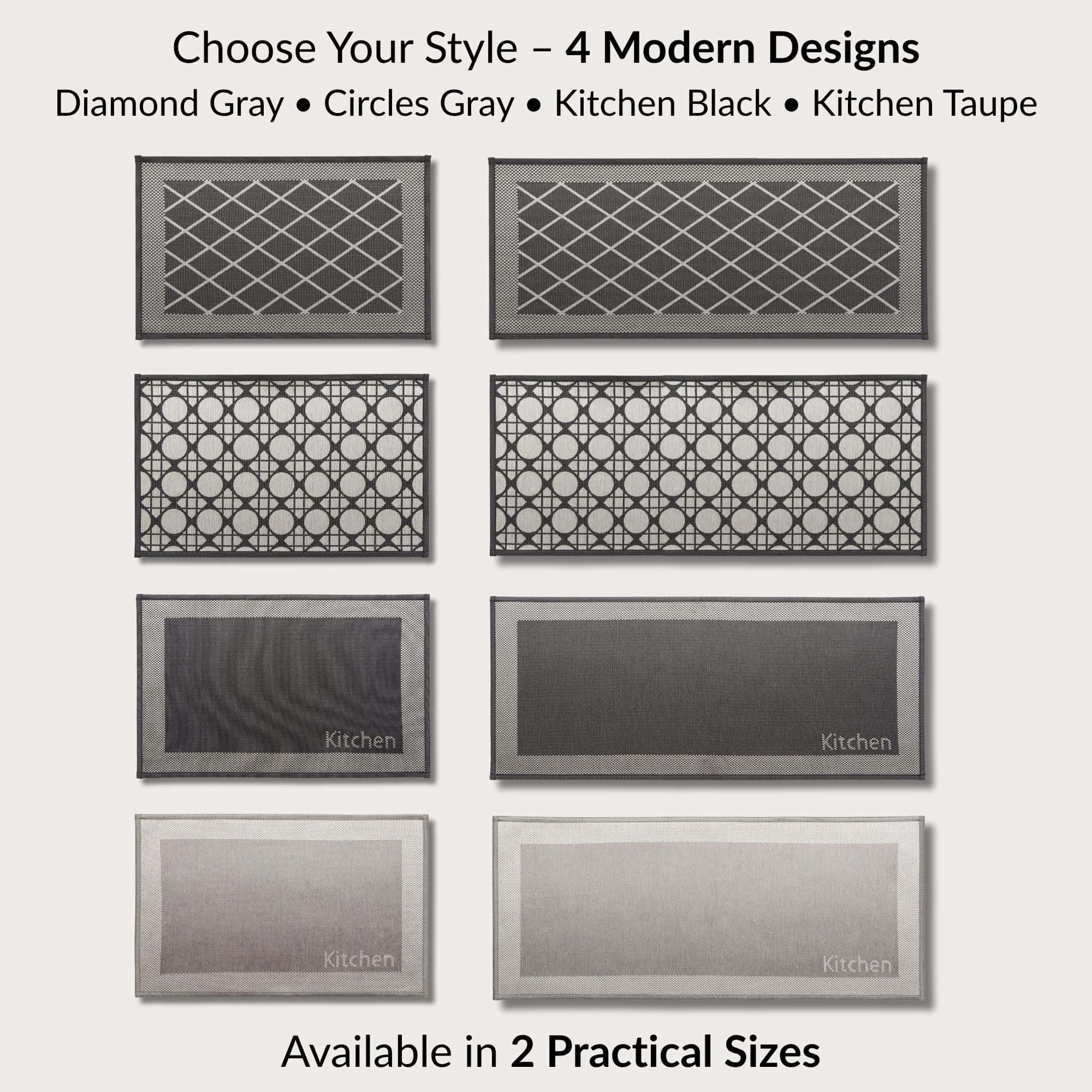 Overview of four modern kitchen mat designs and color options