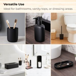 Black accessories used on vanity and near toilet