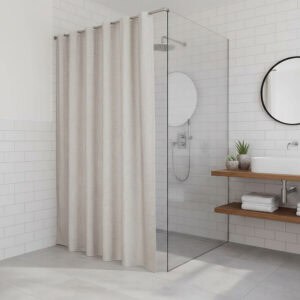 Taupe linen-look shower curtain in modern walk-in shower