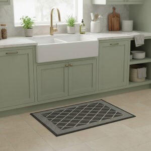 Diamond gray kitchen mat in farmhouse sink kitchen setting