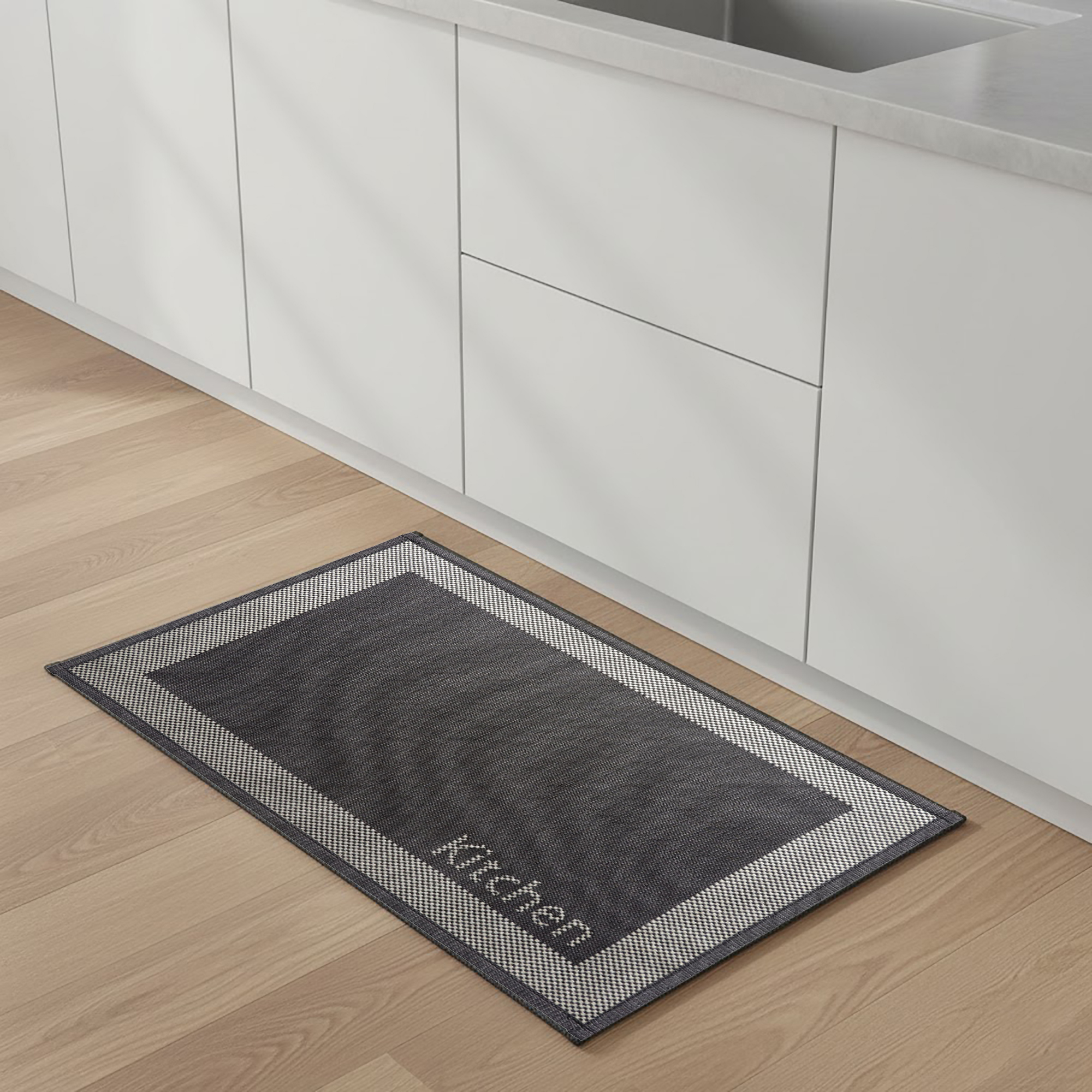 Kitchen mat styled in modern white kitchen interior