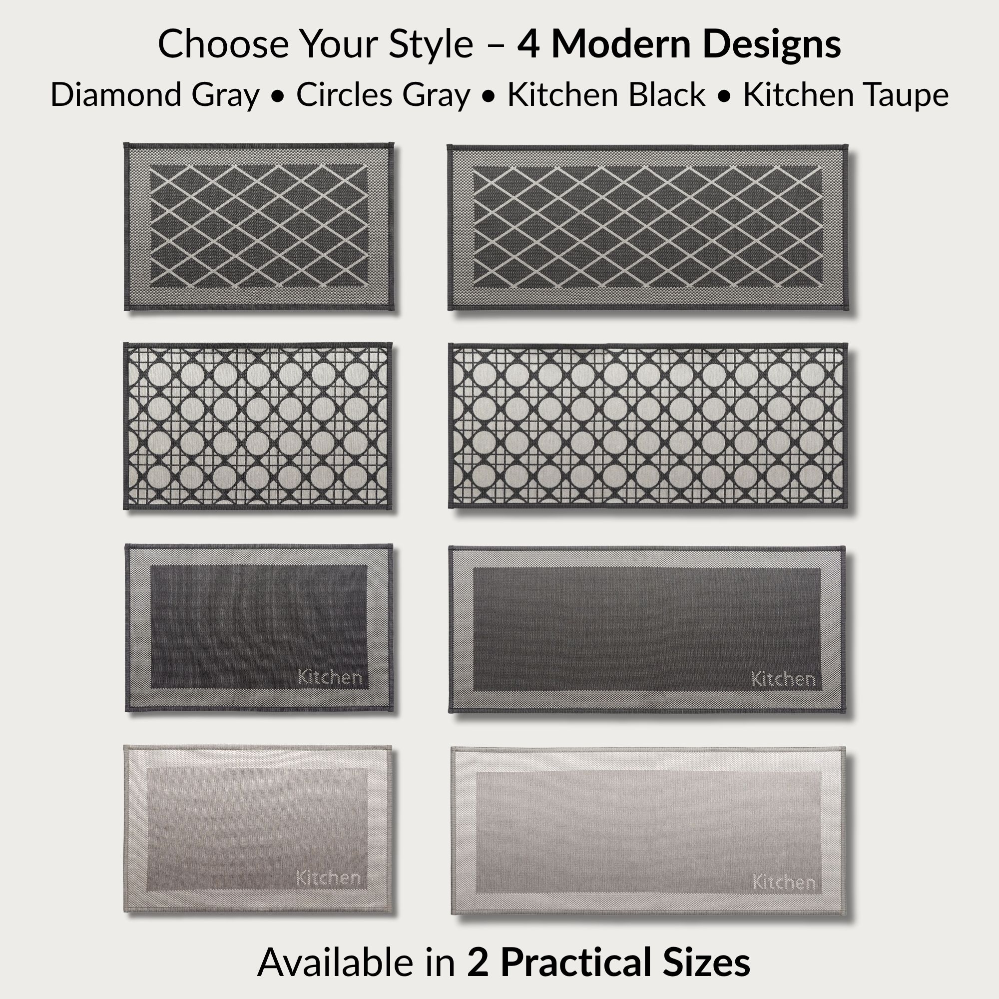 Overview of four modern kitchen mat designs and color options