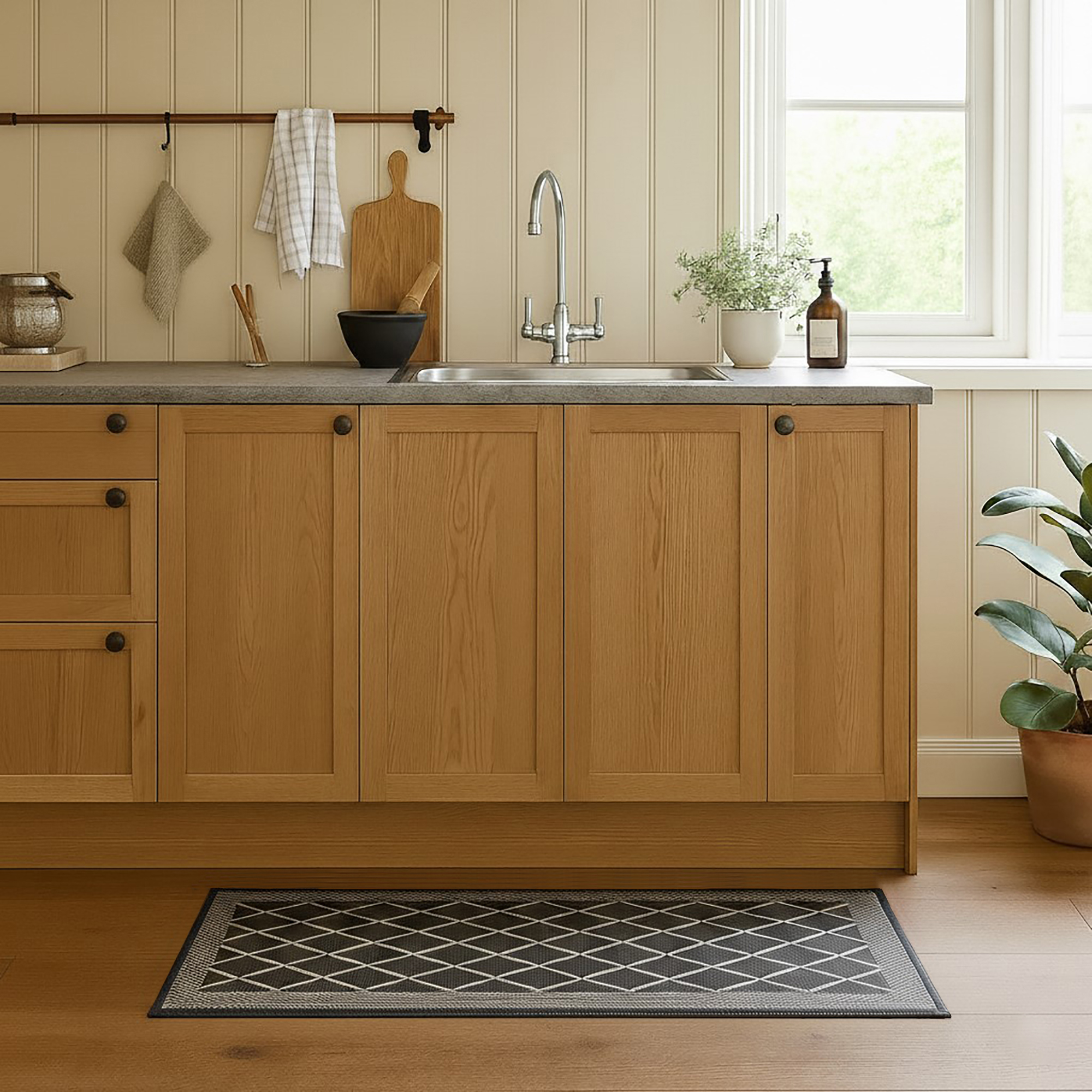 Diamond gray kitchen runner styled in warm wood kitchen interior
