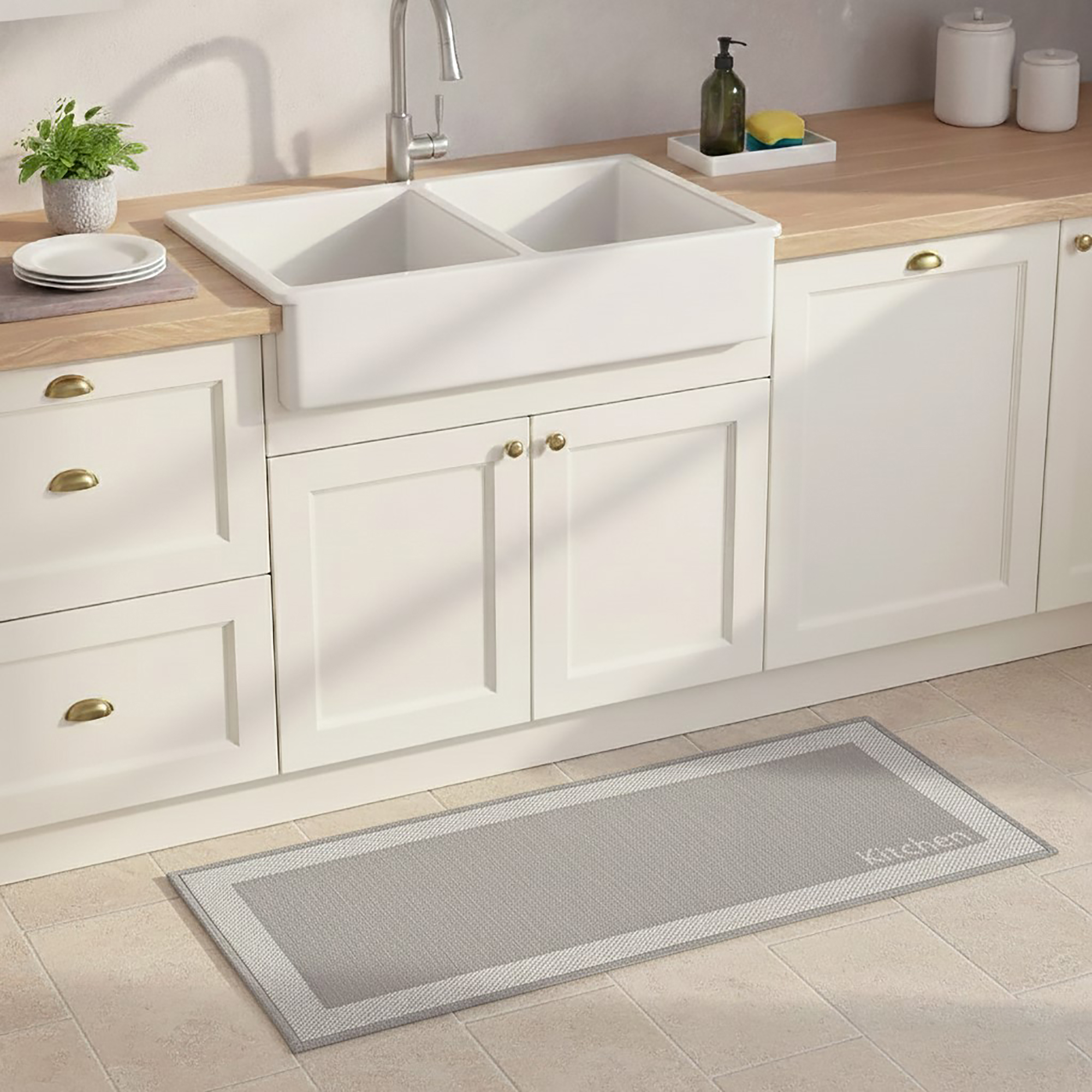 Kitchen beige mat with border styled in farmhouse kitchen interior