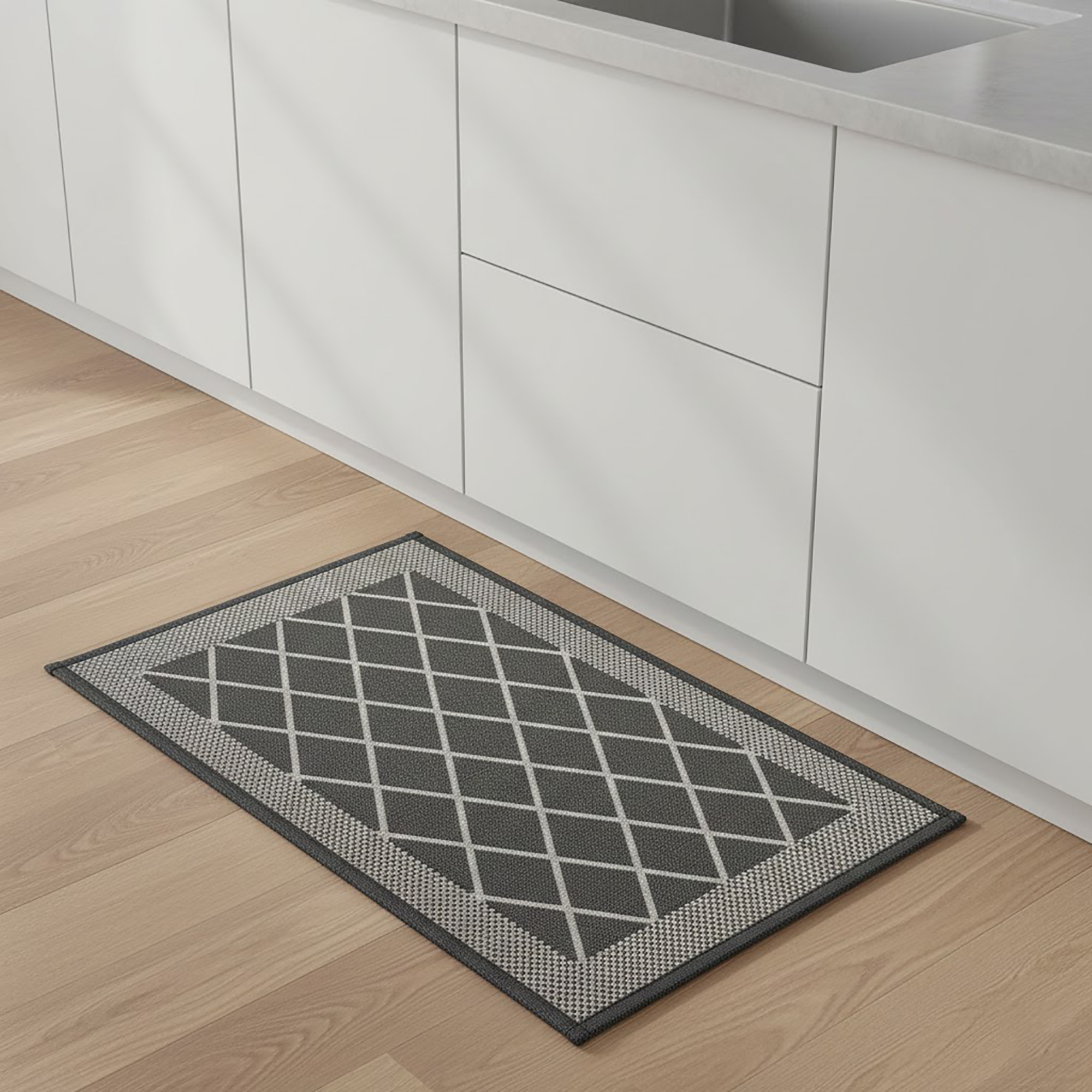 Diamond gray kitchen mat in modern white kitchen interior