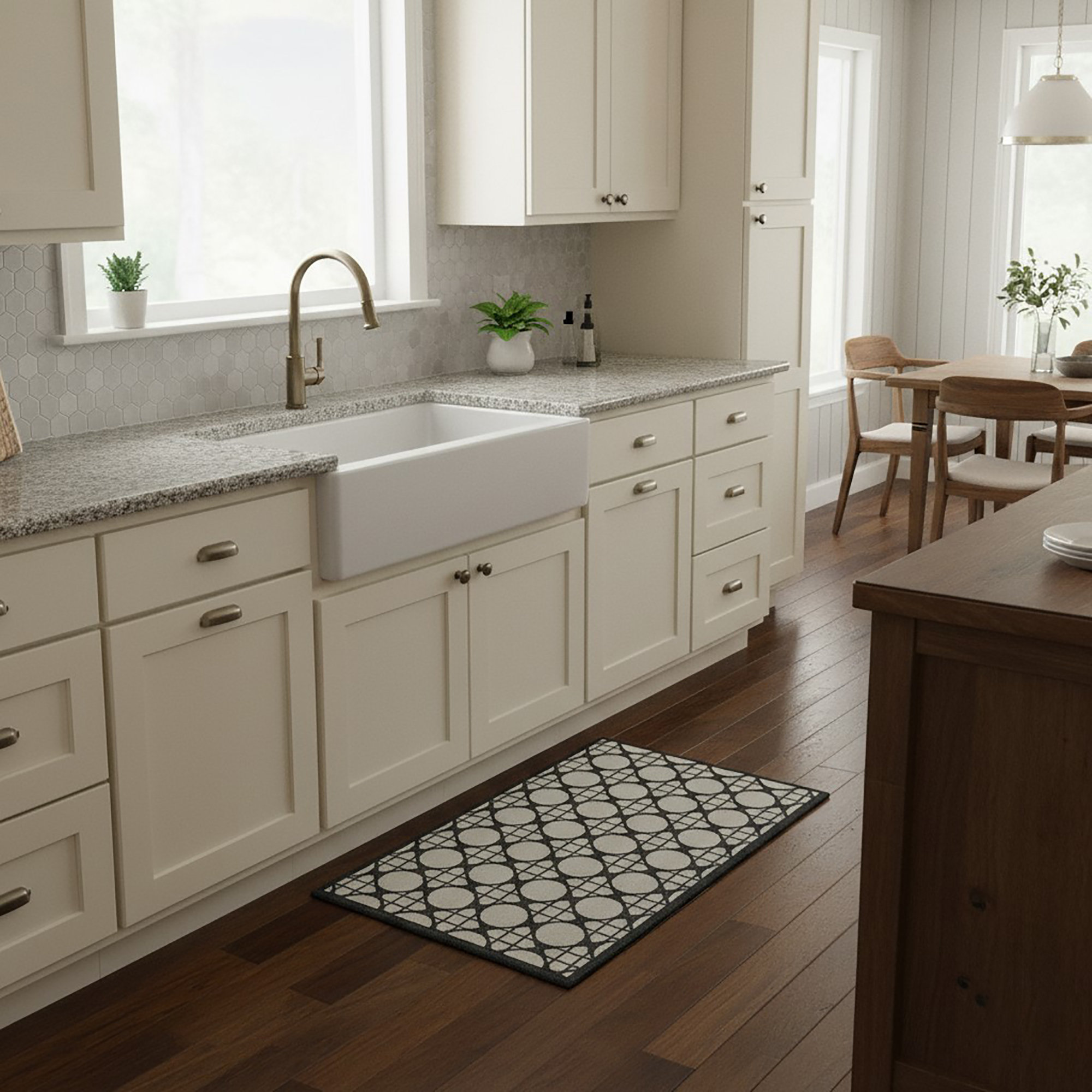 Circles gray kitchen mat in farmhouse white kitchen interior