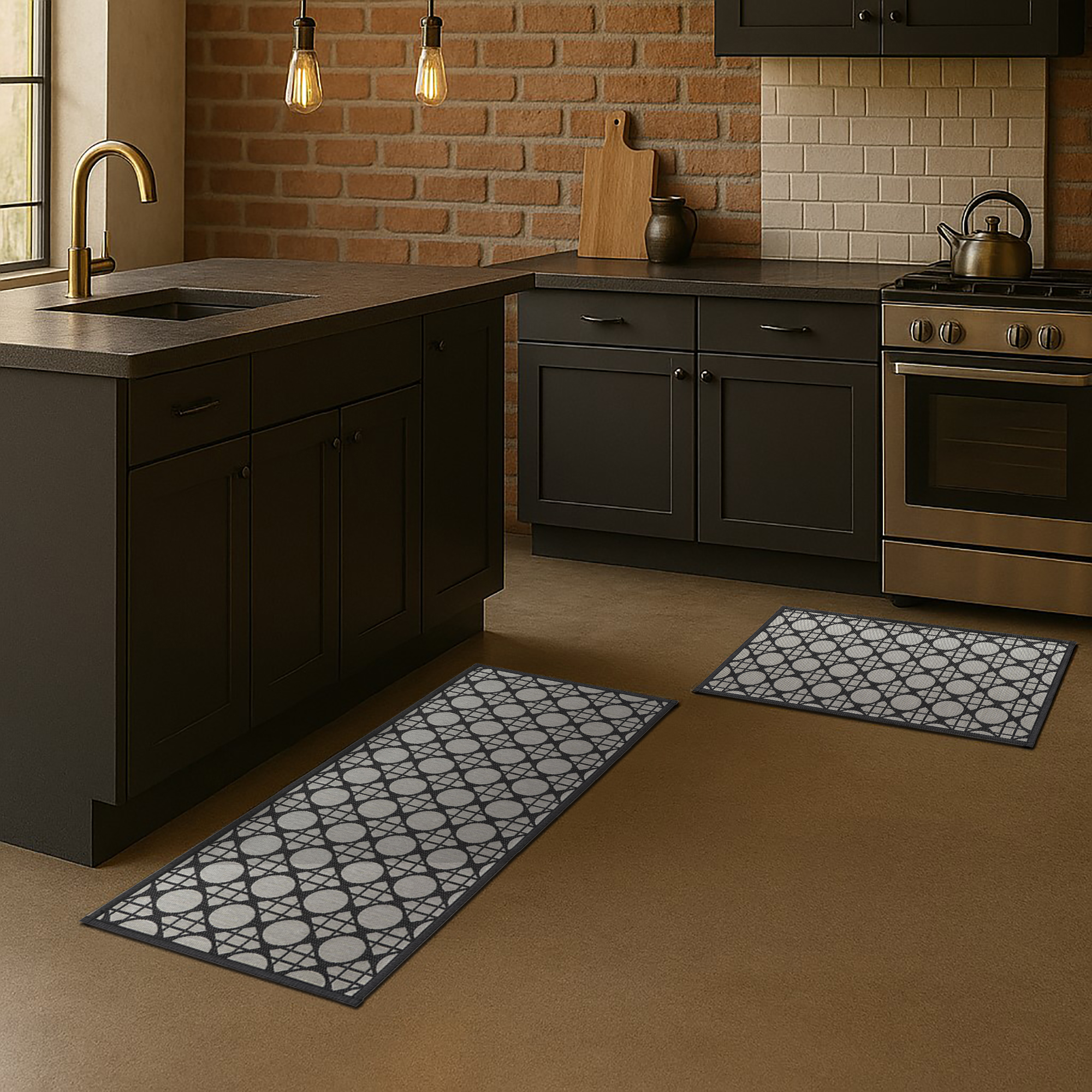 Circles gray mat and runner set in industrial kitchen