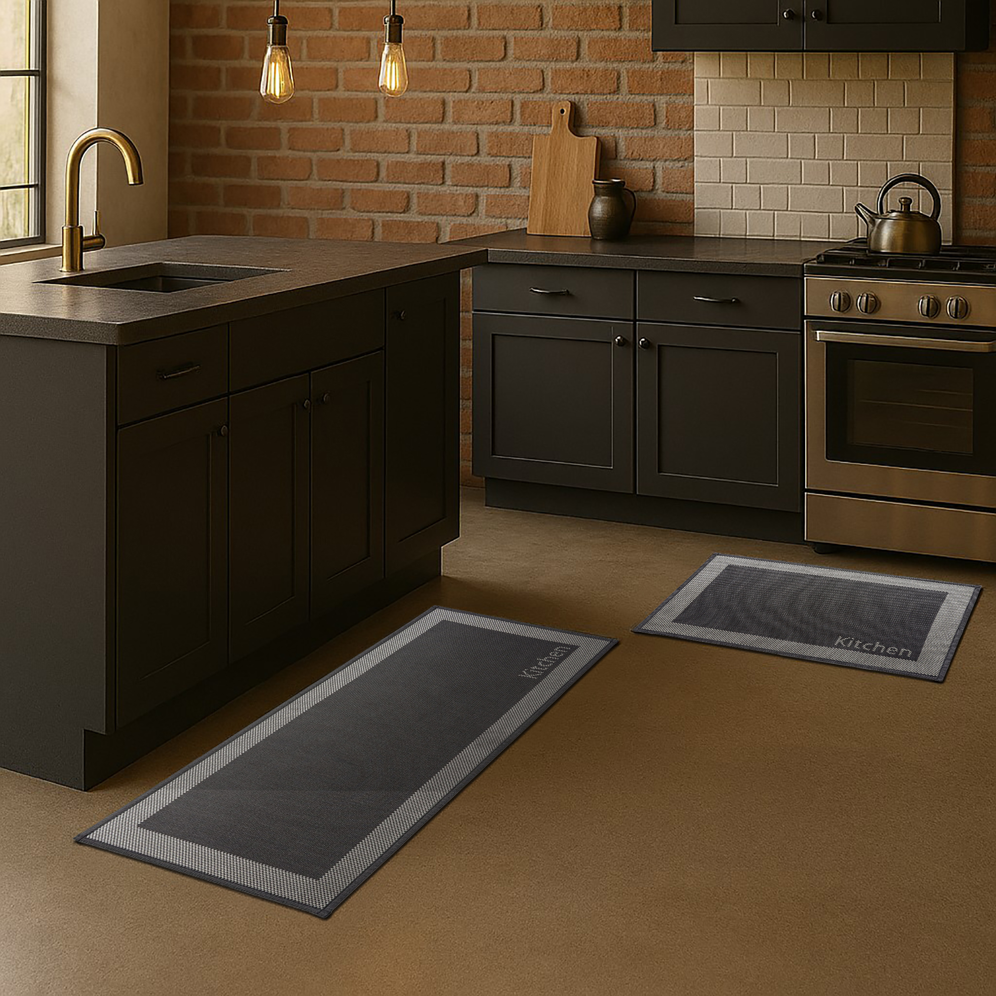 Kitchen black mat and runner set in industrial kitchen