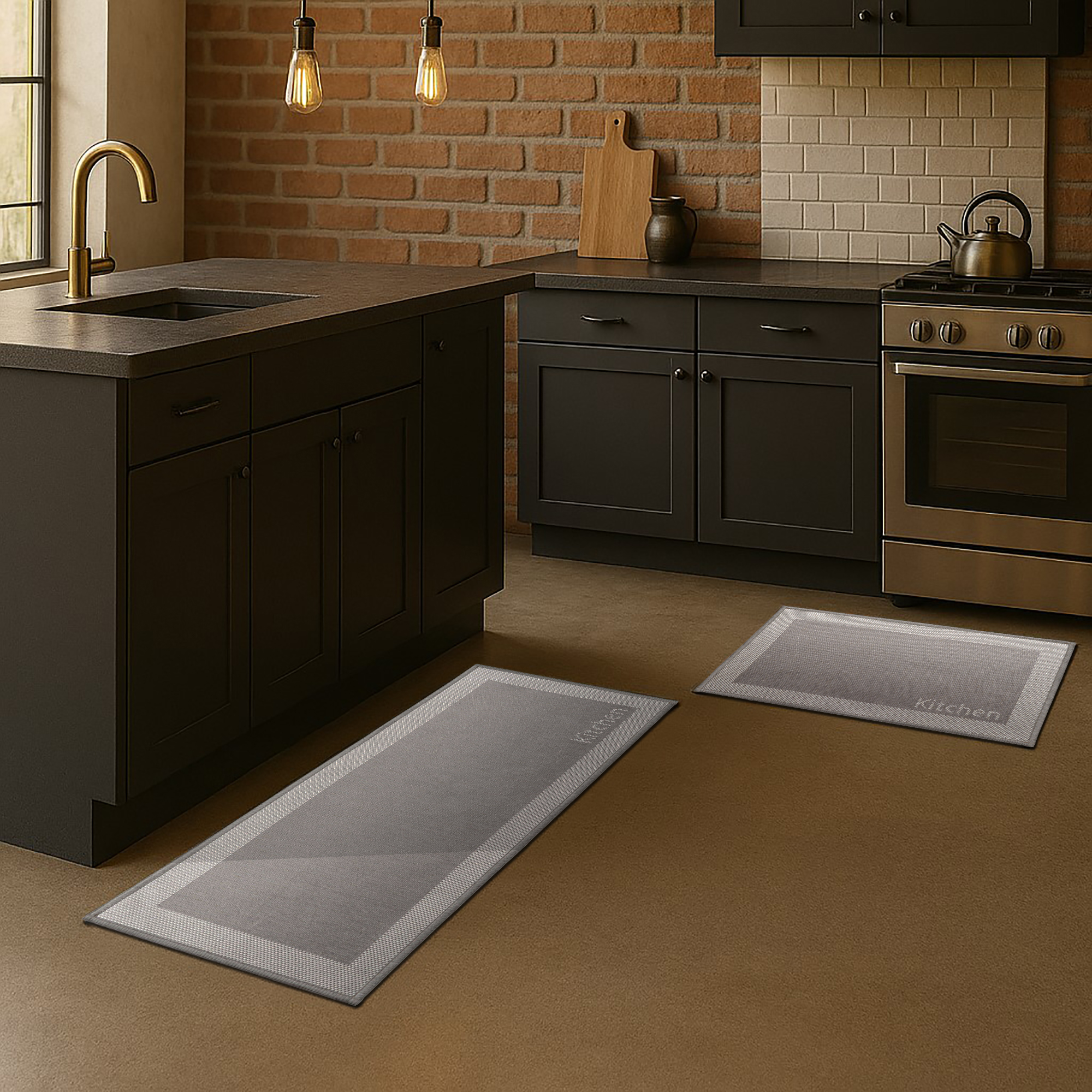 Kitchen taupe mat and runner set in industrial kitchen