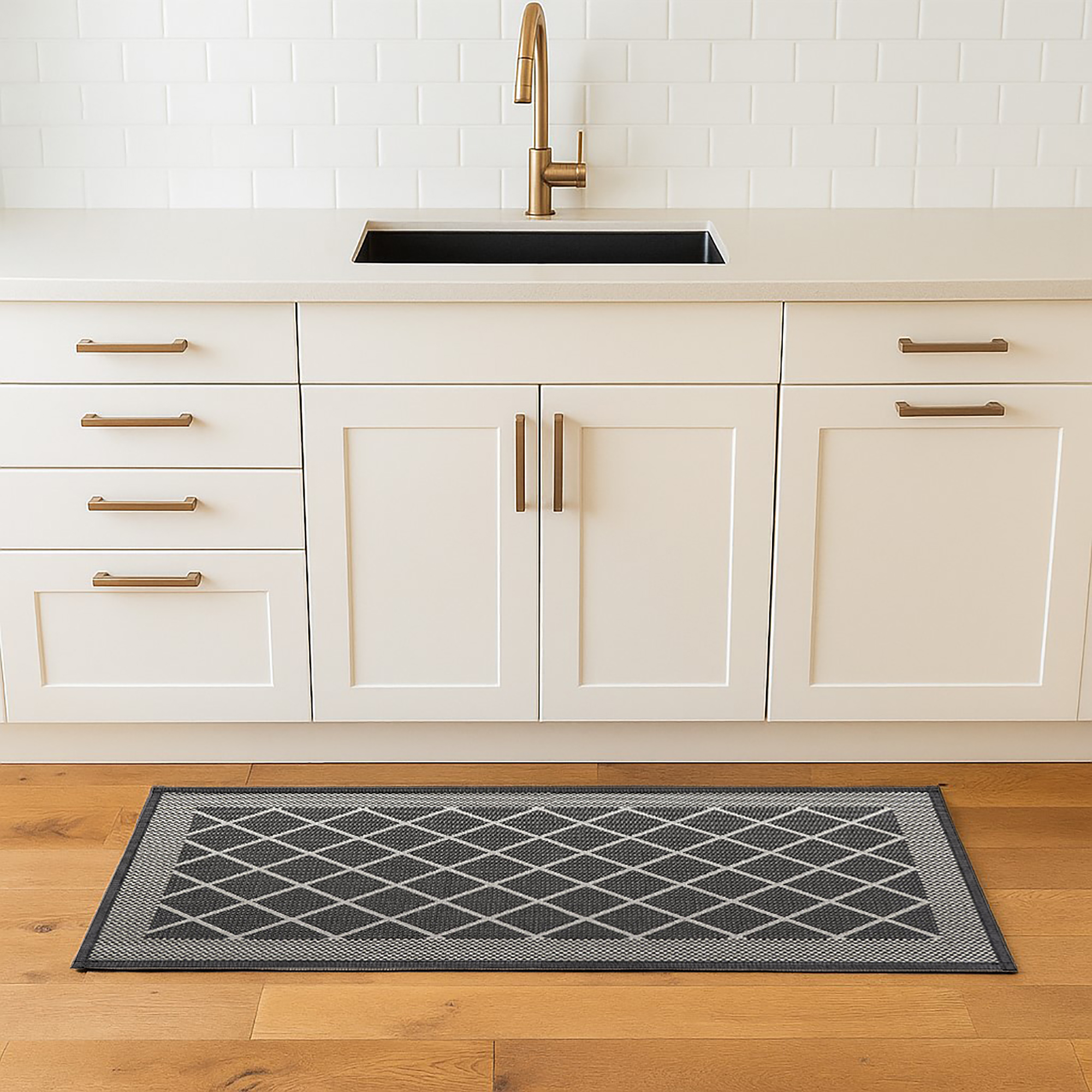 Diamond gray kitchen runner in bright white kitchen setting