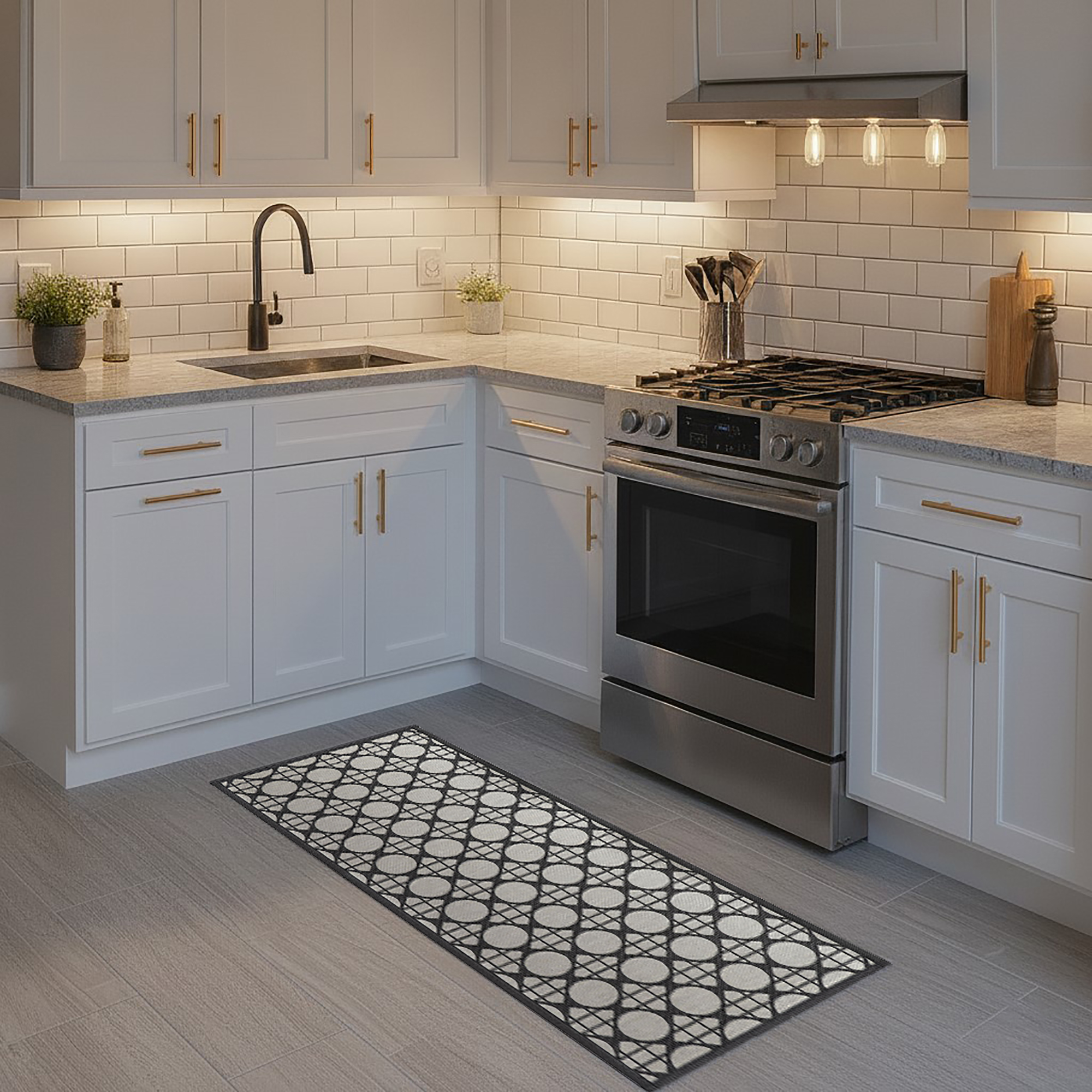 Circles gray kitchen runner in farmhouse kitchen setting