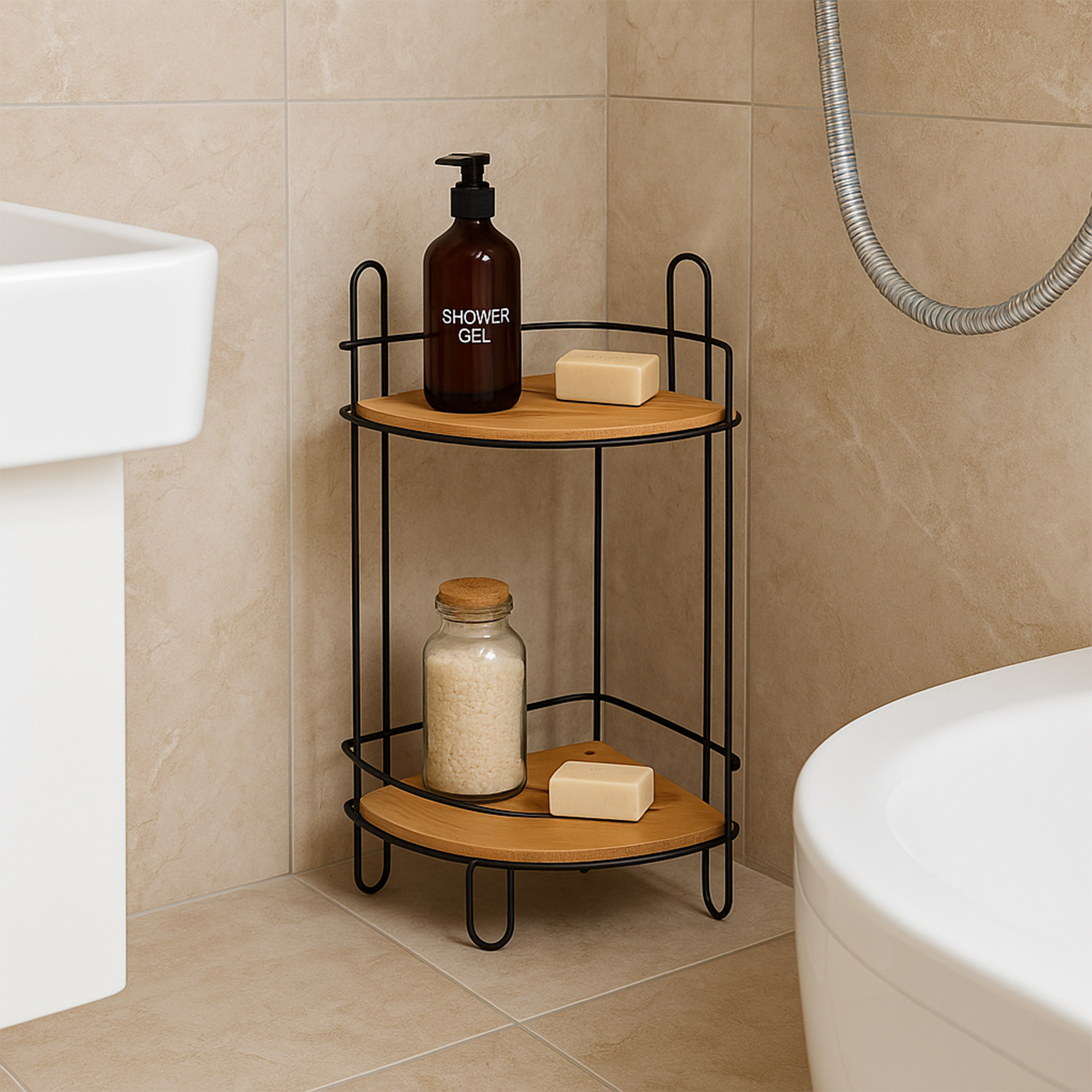 Corner bathroom organizer with bamboo shelves and black metal frame