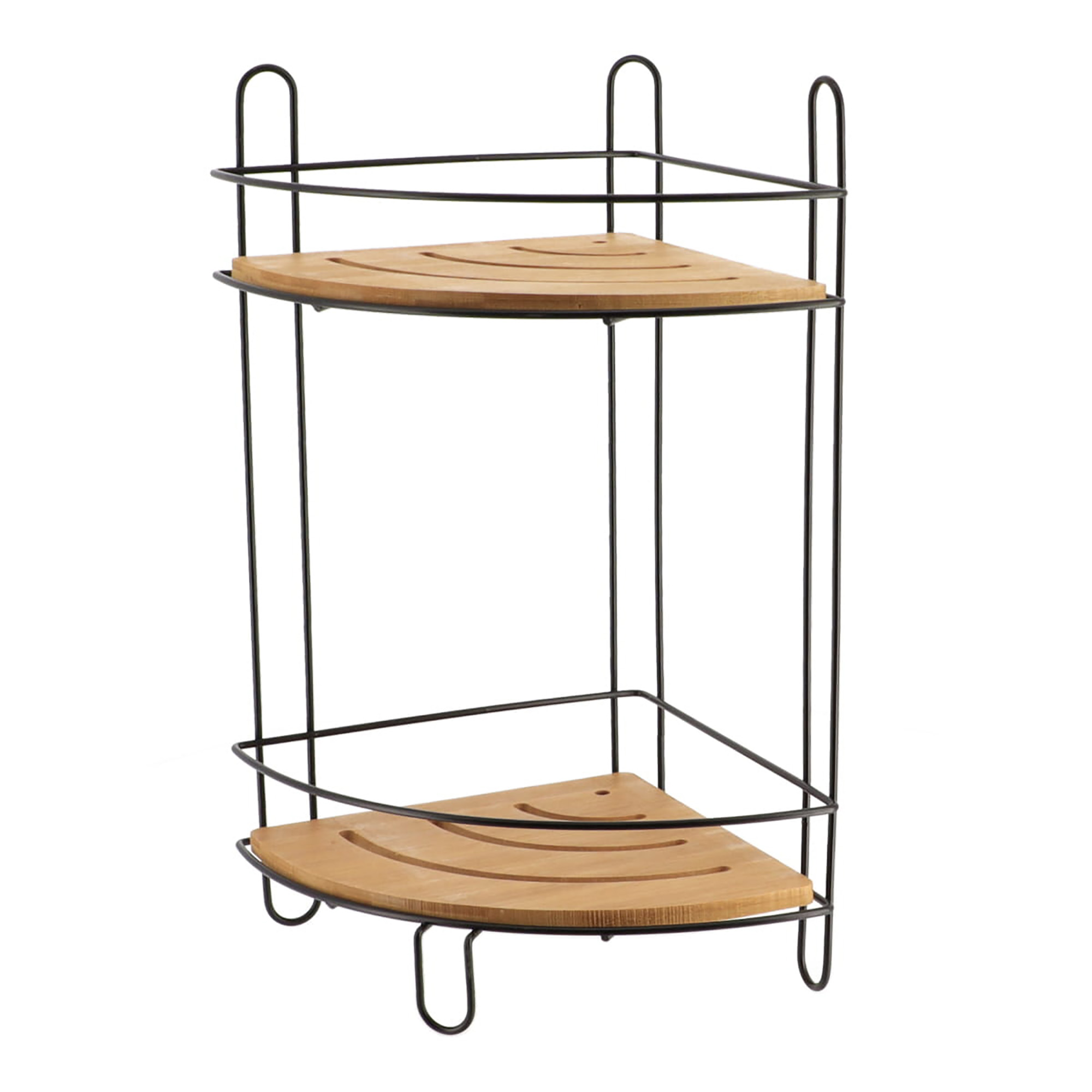 Two-tier bamboo and black metal shower corner shelf