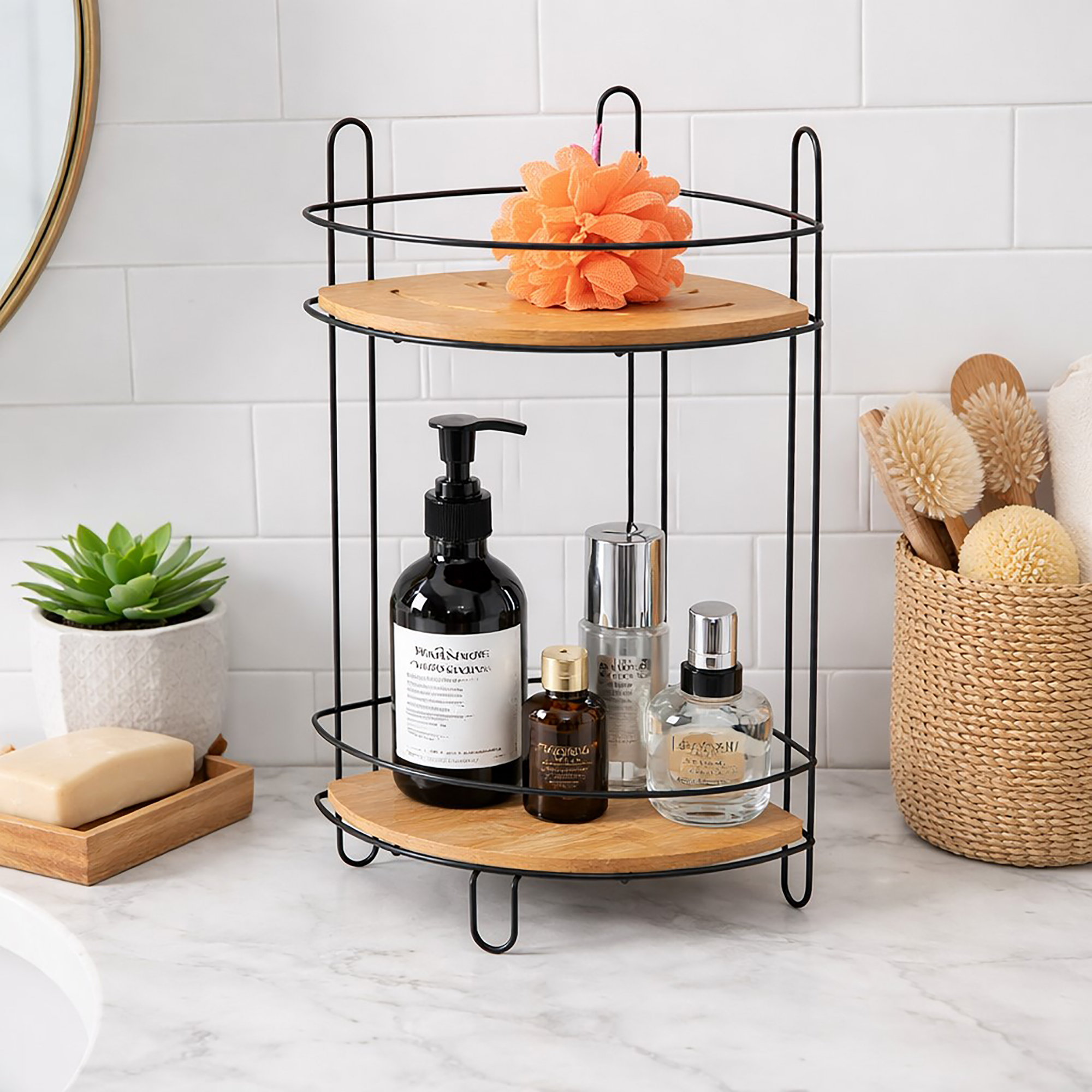 "Two-tier black metal corner shelf with bamboo shelves displaying skincare bottles on marble countertop"