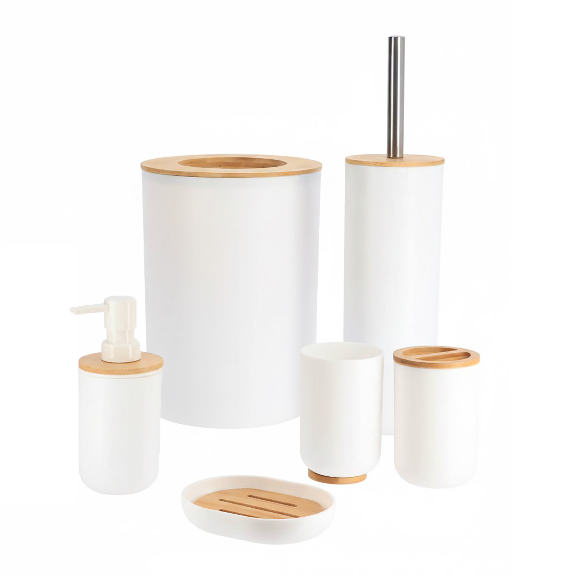 White bathroom accessory set with bamboo accents, six-piece collection