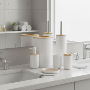 Modern white and bamboo bathroom set displayed on vanity counter