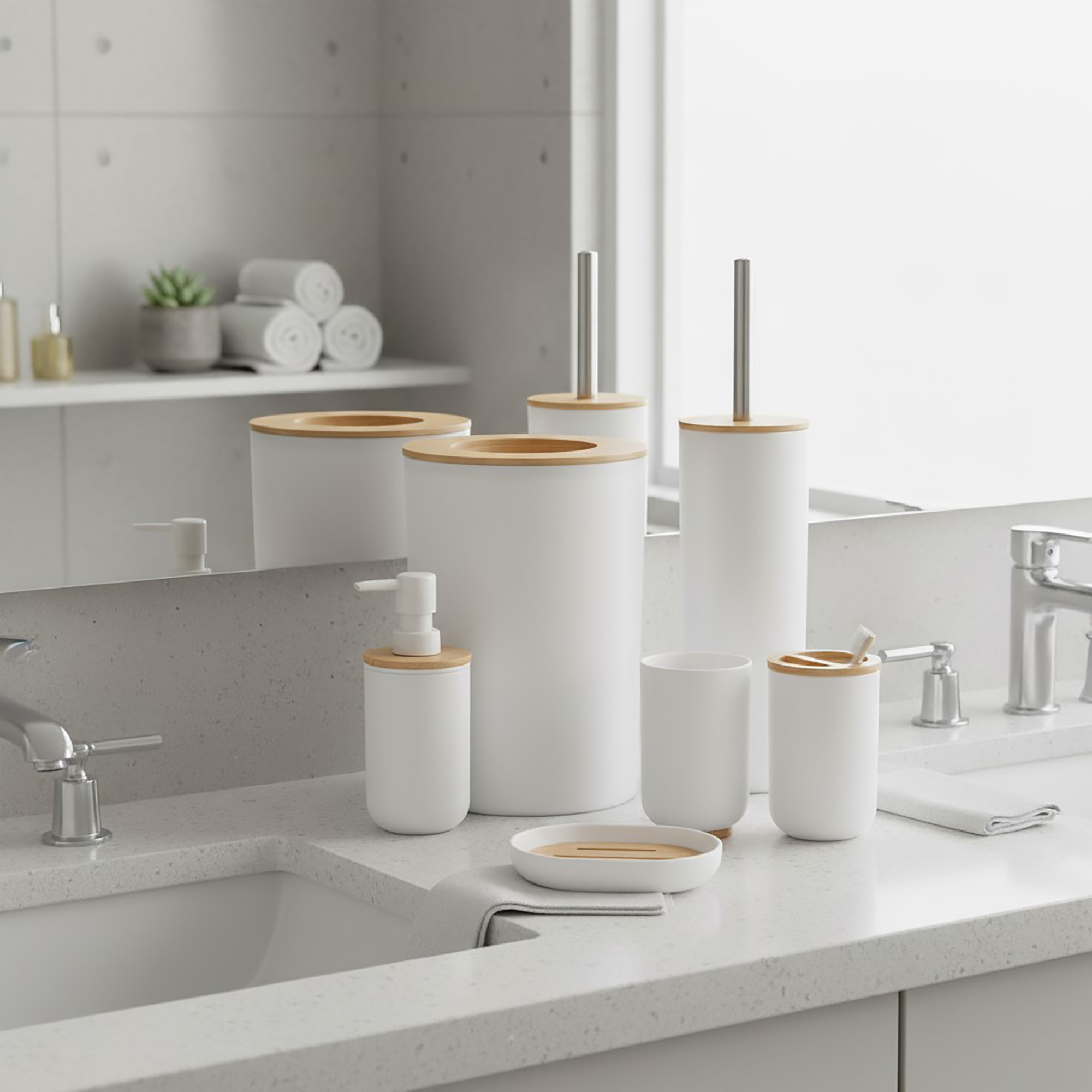 Modern white and bamboo bathroom set displayed on vanity counter
