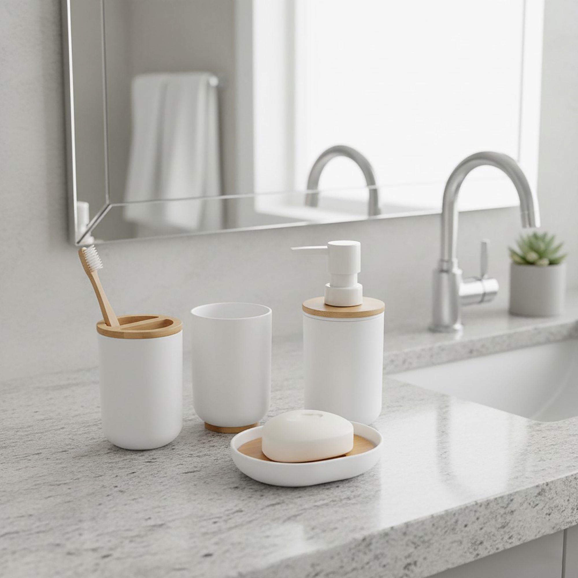 White tumbler, soap dispenser and soap dish with bamboo details