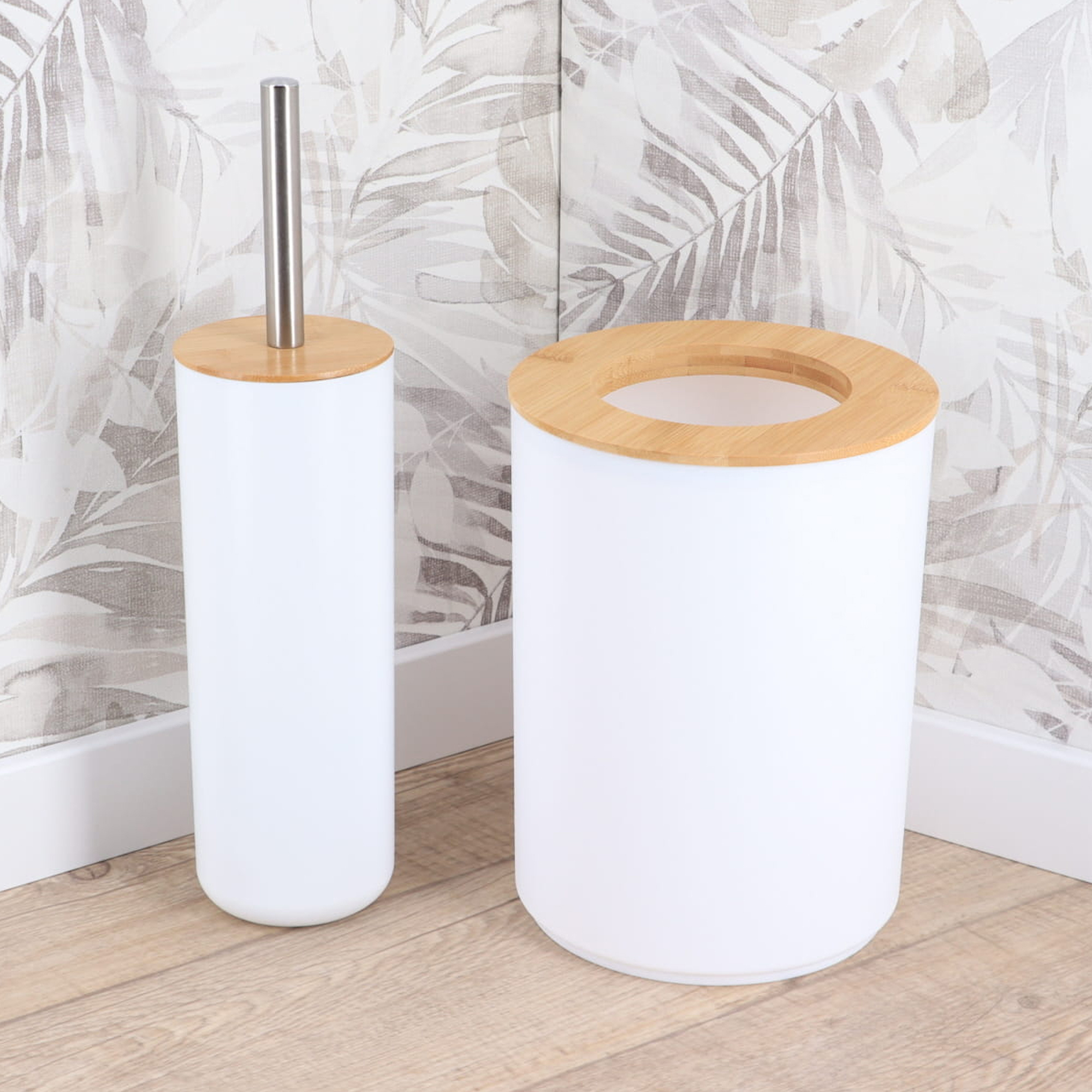 White wastebasket and toilet brush holder with bamboo tops