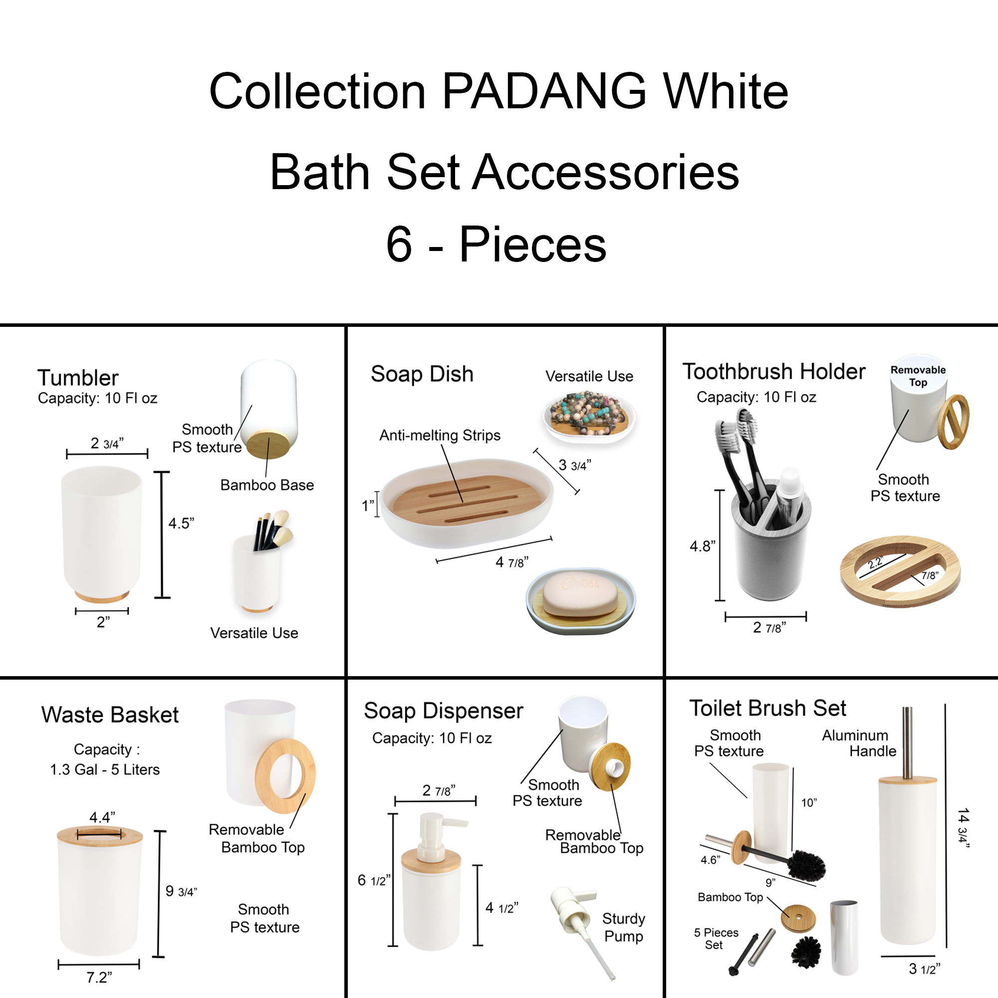 Padang white bathroom set size dimensions with bamboo finishes