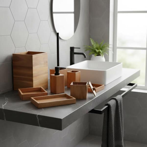 Wooden bathroom set arranged on modern sink countertop with matte black faucet