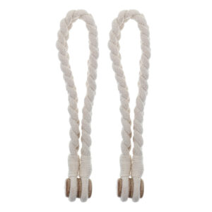 Braided rope curtain tiebacks shown flat on white background