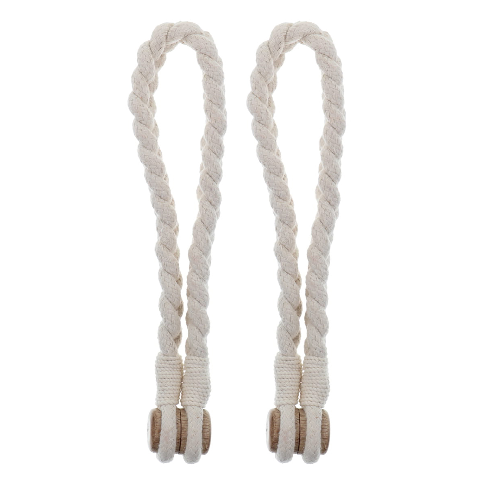 Braided rope curtain tiebacks shown flat on white background