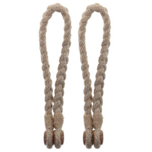 Braided jute curtain tiebacks shown flat on white background