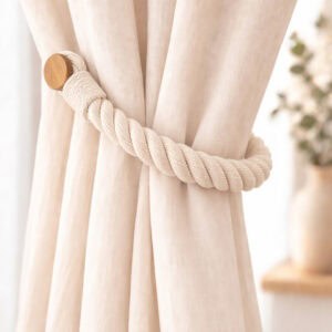 Close-up of an ecru twisted rope curtain tieback with a round wooden magnetic end, wrapped around a gathered linen curtain