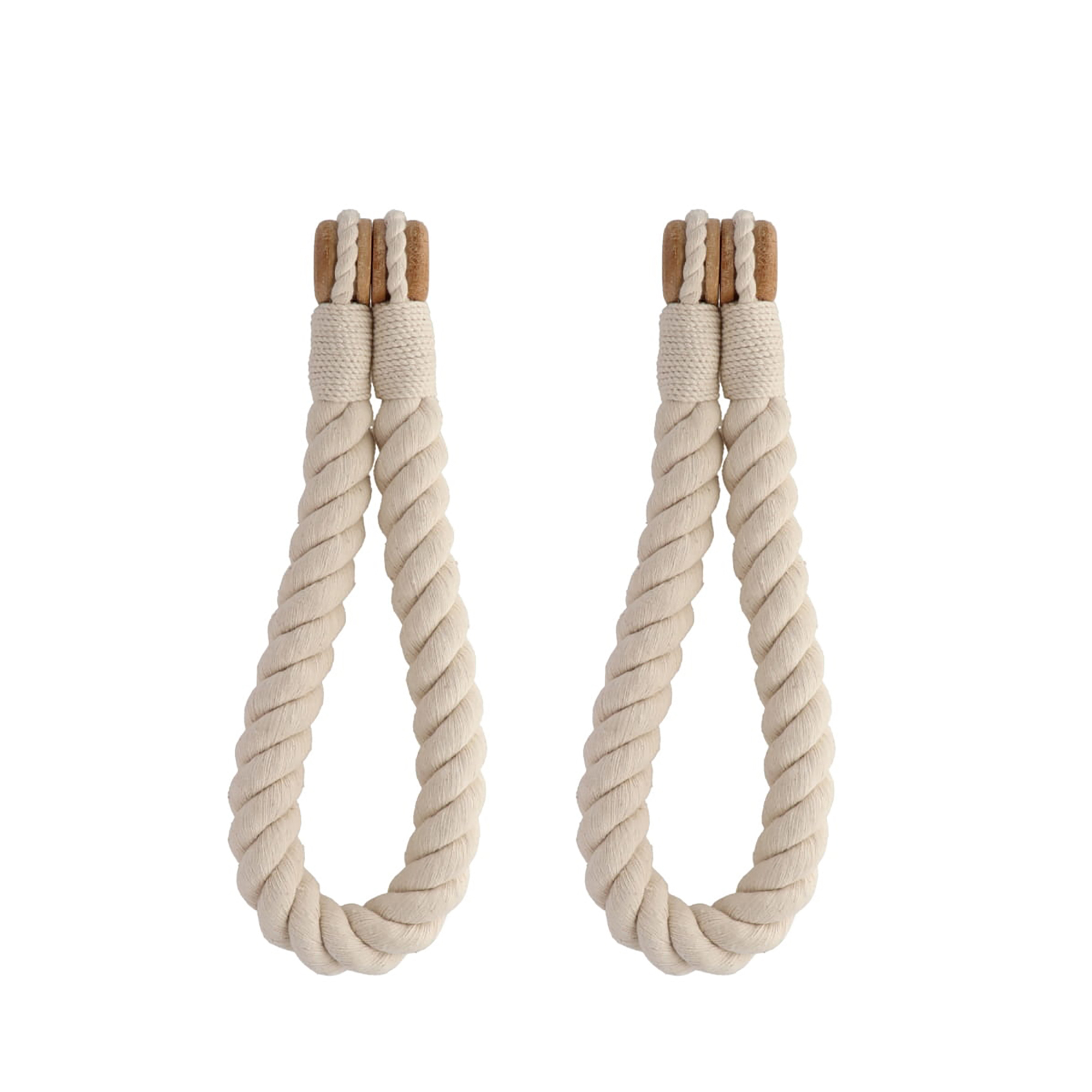 Ecru twisted rope curtain tiebacks shown flat on white background