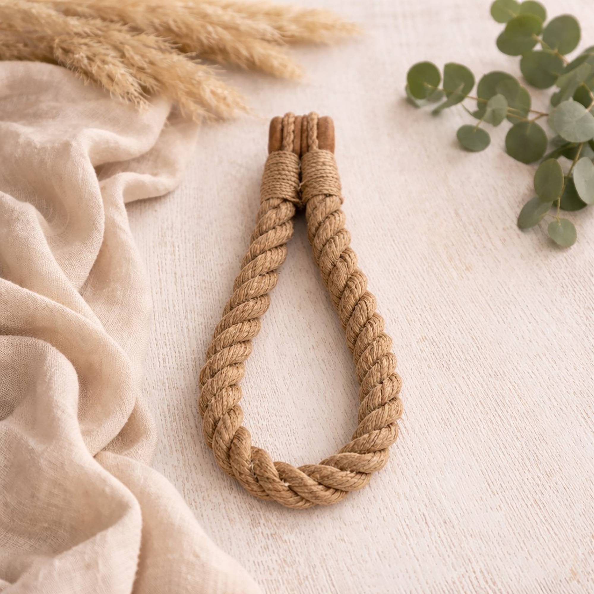 A natural jute twisted rope curtain tieback with wooden magnetic ends, laid flat on a white surface.