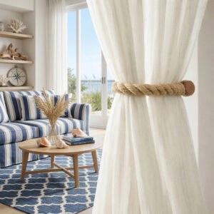 A jute twisted rope curtain tieback with a wooden magnetic closure, holding back a sheer curtain in a coastal-style living room.